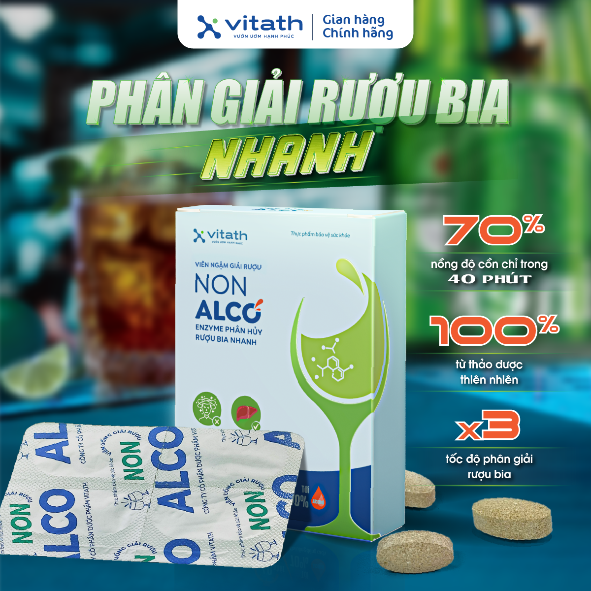 Giải rượu Non Alco VITATH, hỗ trợ tan 70% nồng độ cồn sau 40 phút sử dụng và giảm đau đầu chóng mặt_thumbnail_1