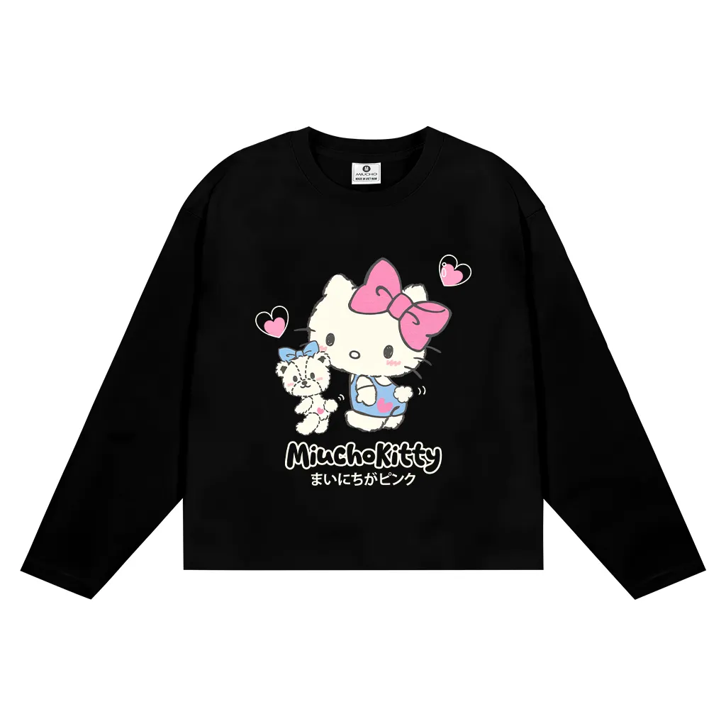 Áo thun nữ form boxy Miucho vải cotton thoáng mát thấm hút tốt tay dài cổ tròn Kitty dễ thương 2802_thumbnail_10