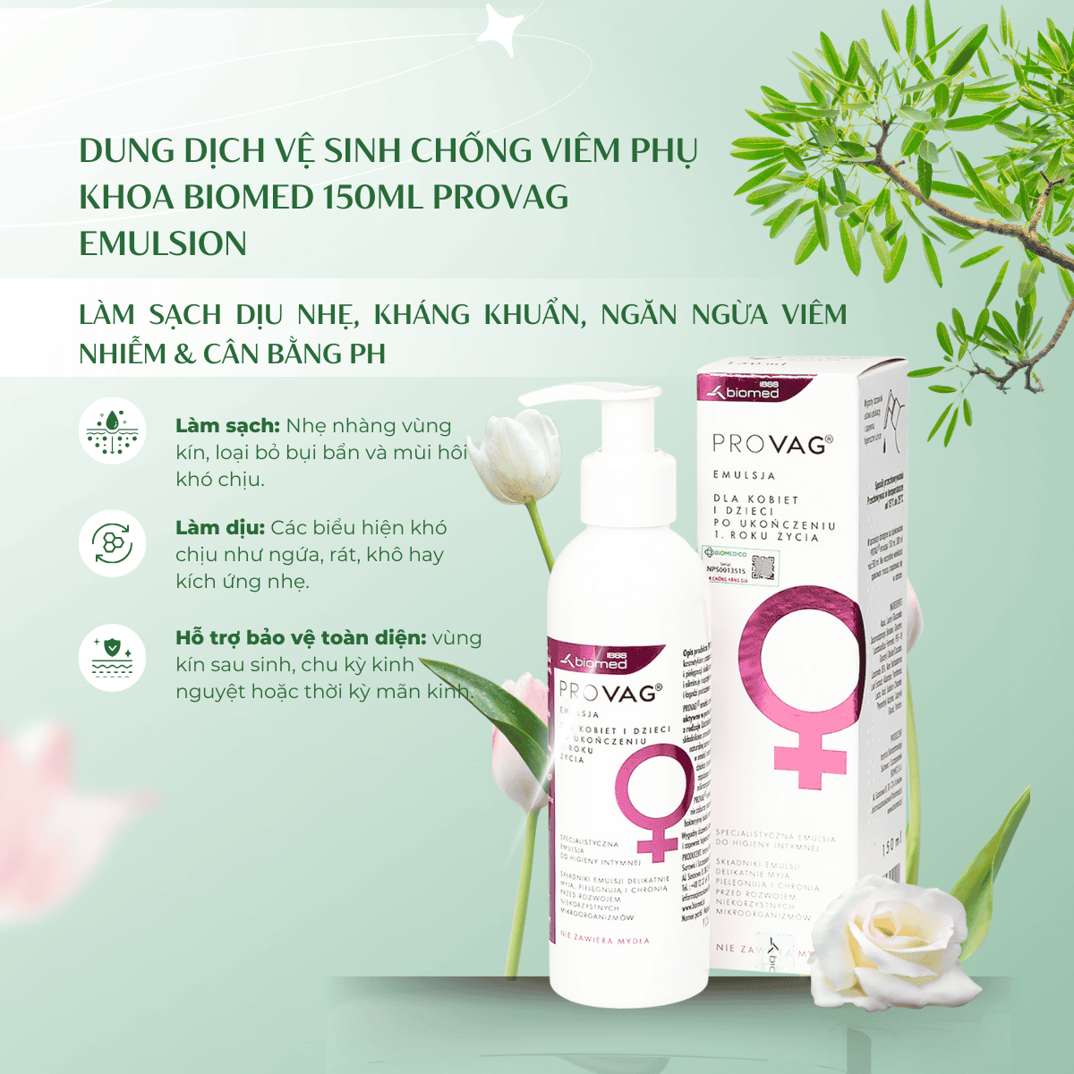 Thành phần Dung Dịch Vệ Sinh Chống Viêm Phụ Khoa Biomed 150ml Provag Emulsion – Làm Sạch Dịu Nhẹ, Kháng Khuẩn, Ngăn Ngừa Viêm Nhiễm & Cân Bằng pH