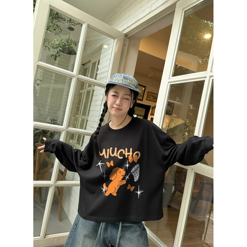 Áo thun boxy nam nữ Miucho chất vải mềm mại thoáng mát cún bắt bướm in mix 2834_thumbnail_2