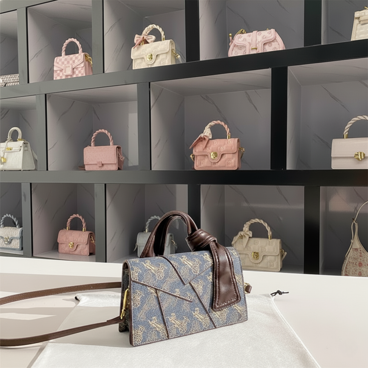 Túi xách UHE_2519 Vera – túi kẹp nách họa tiết vintage, tay cầm da nâu_thumbnail_3