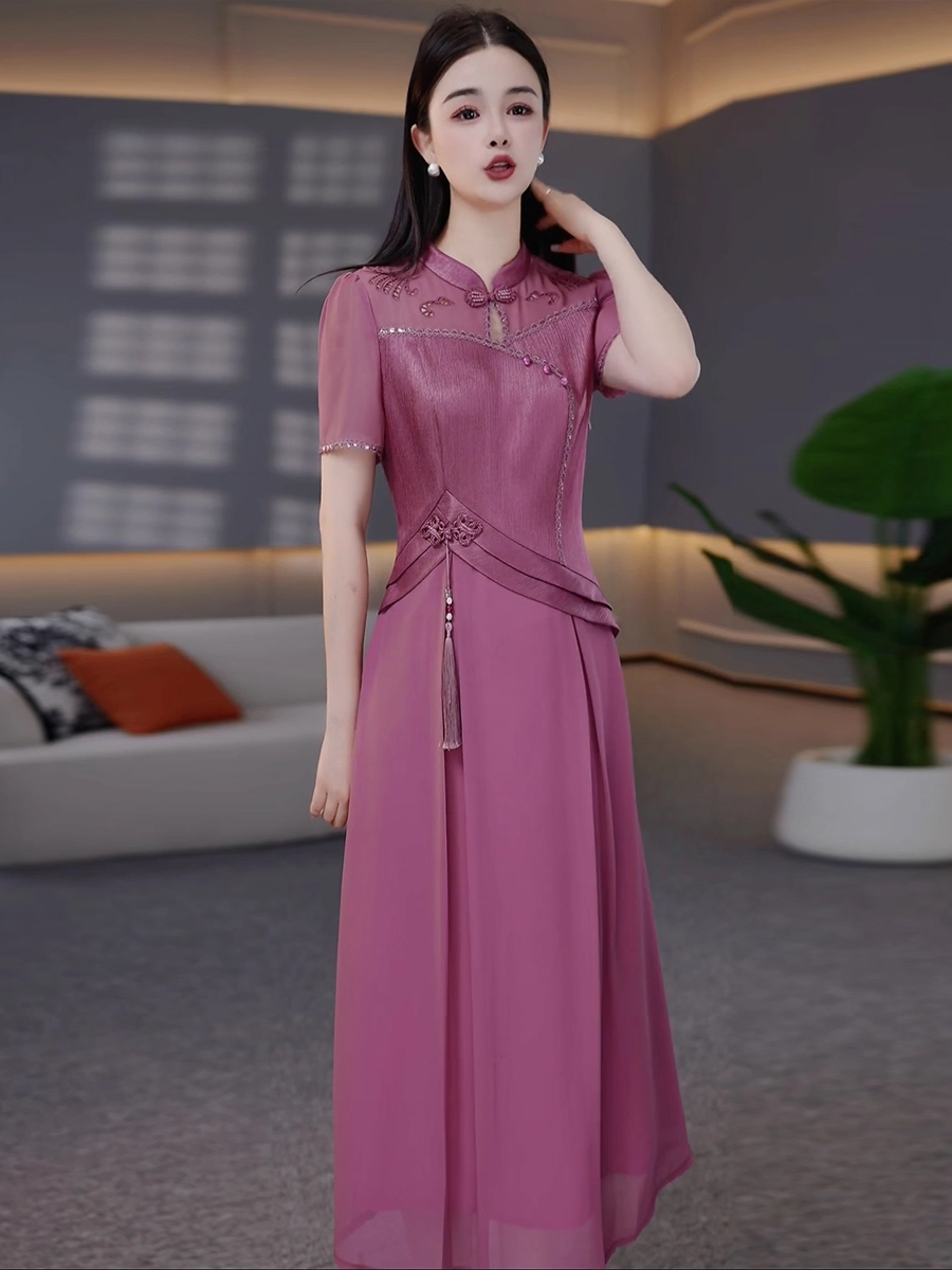 17054-Đầm suông A cổ tàu  phối voan tay ngắn cách điệu ( lụa, voan)_thumbnail_1