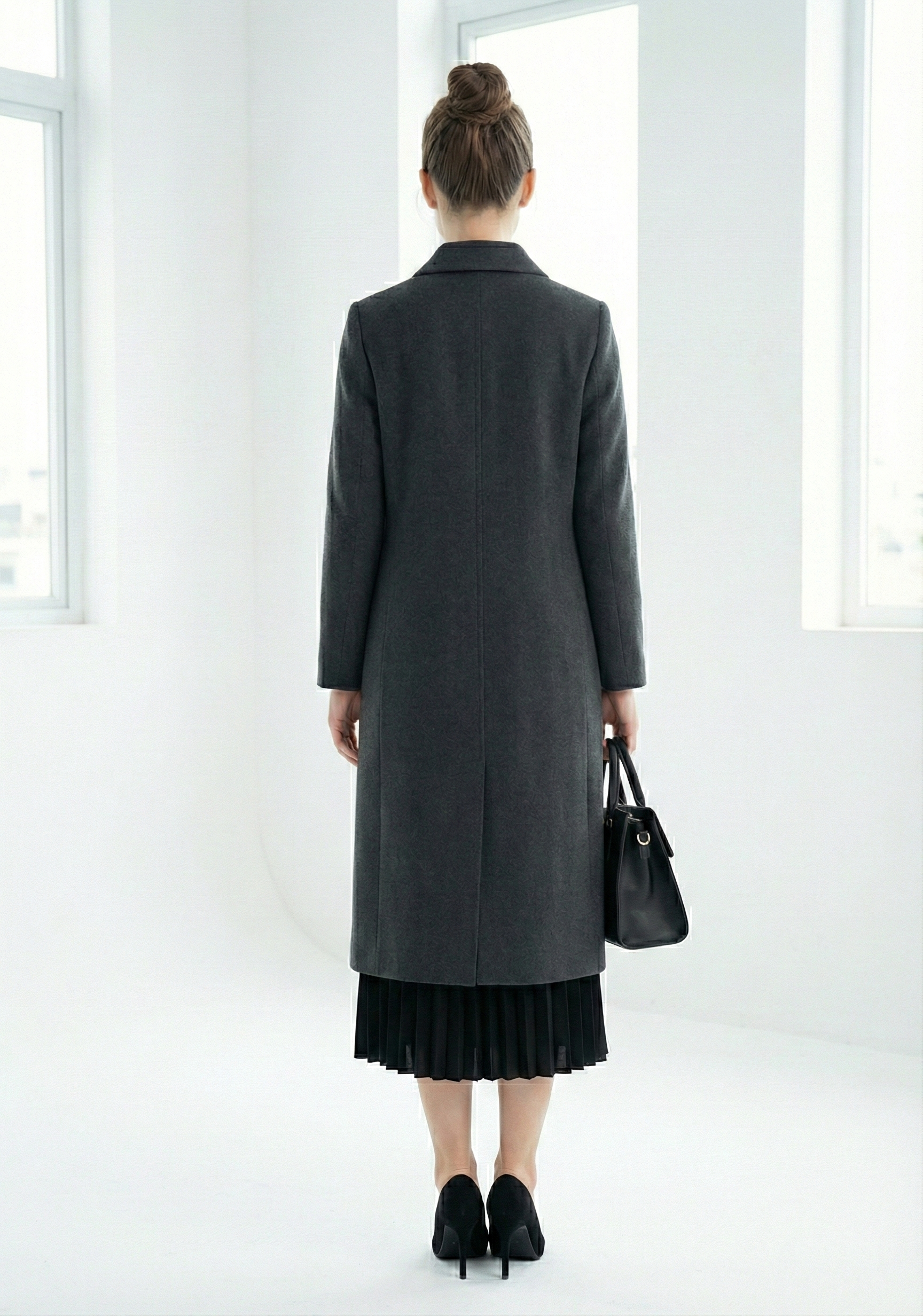 Áo măng tô Suông Vải dạ lông cừu  Cổ bẻ Dài đến bắp chân