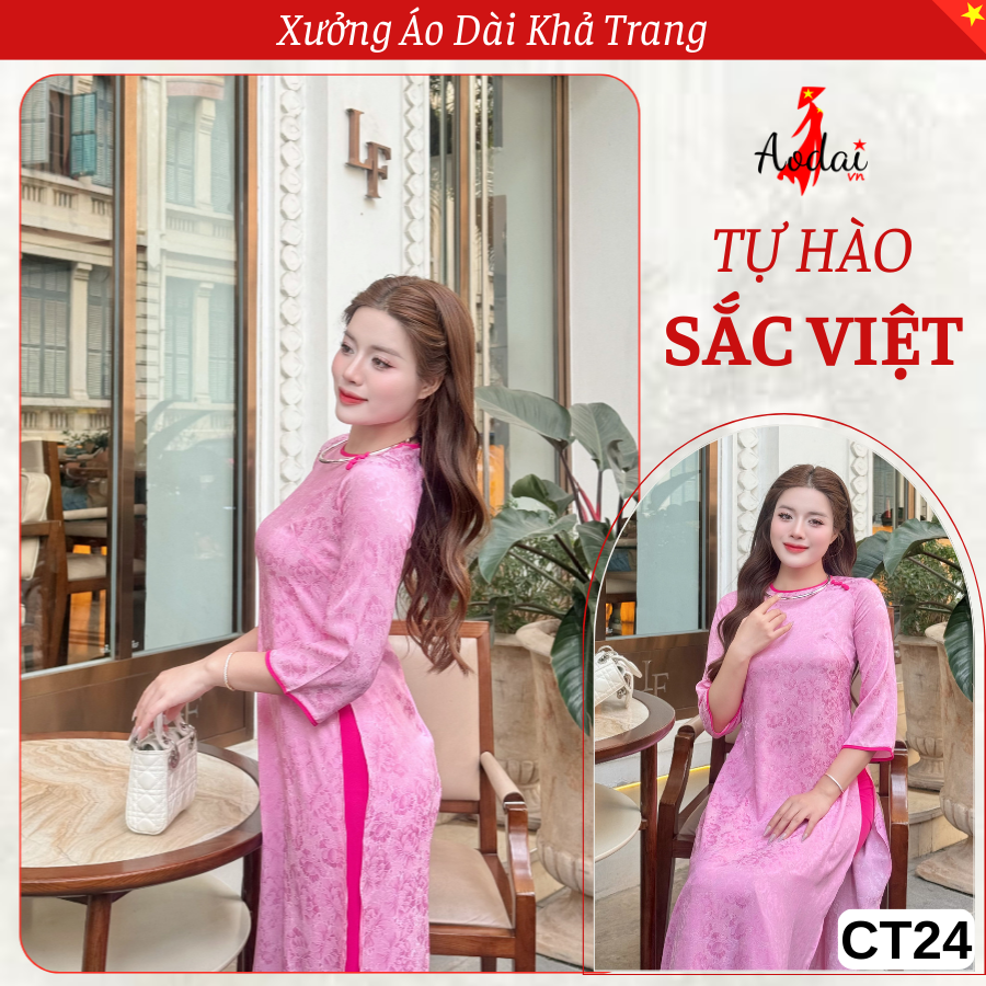Bộ Áo Dài Cách Tân Dáng Suông CT24 Cổ Tròn Tay Lỡ màu Hồng Phấn Hoa Sen Đá_thumbnail_4