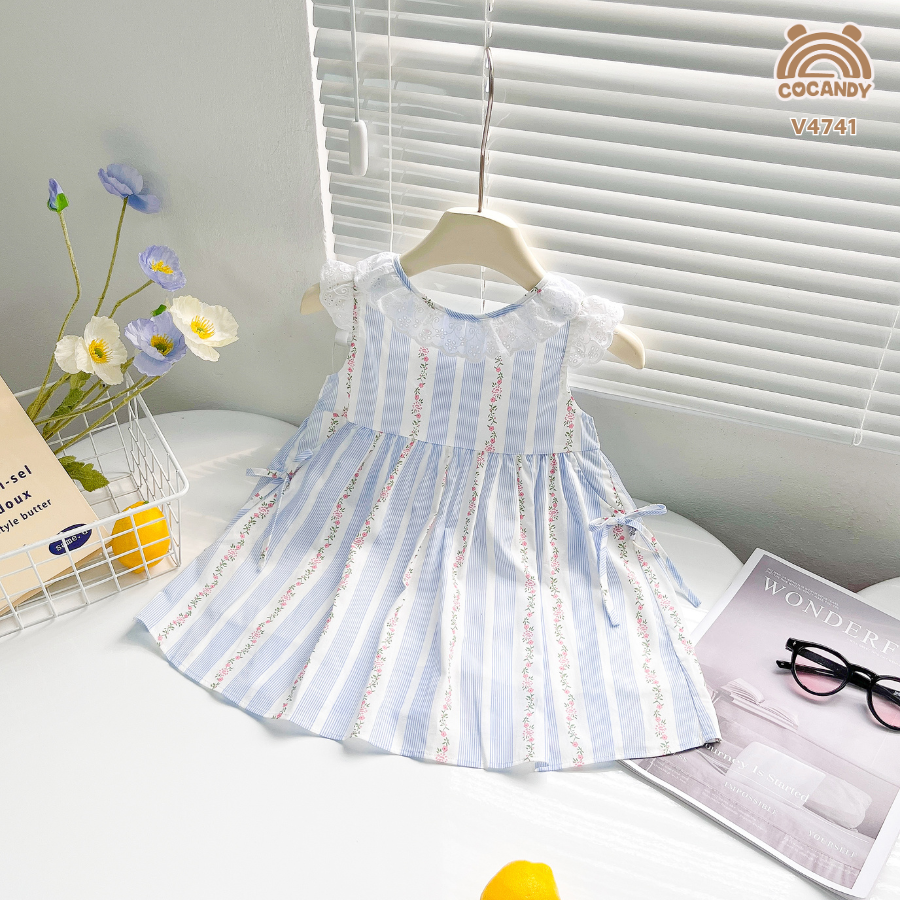 Váy cộc kẻ sọc TRẮNG XANH NHẠT hoa nhí chun chéo lưng_thumbnail_0