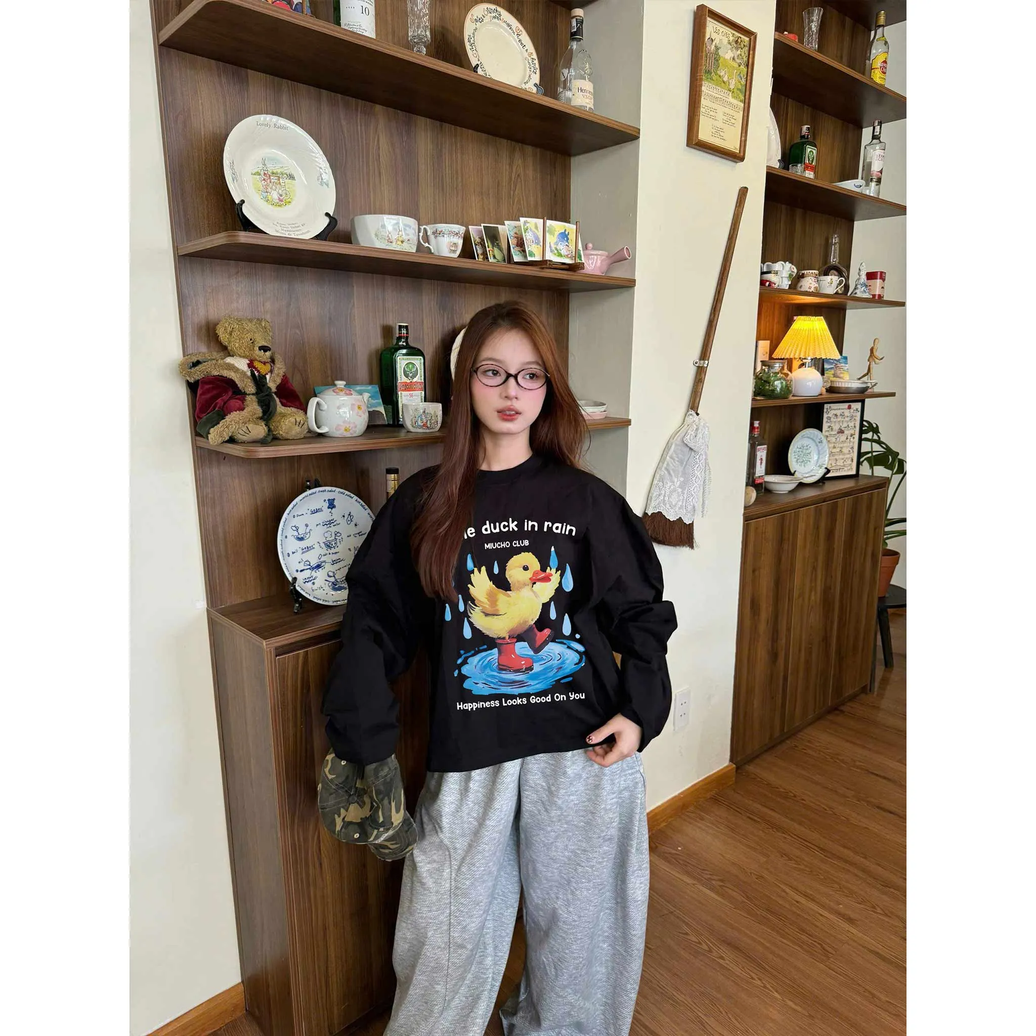 Áo thun boxy tay dài Miucho cotton co giãn 2 chiều thoáng mát cổ tròn hình Duck in mix 2655_thumbnail_2