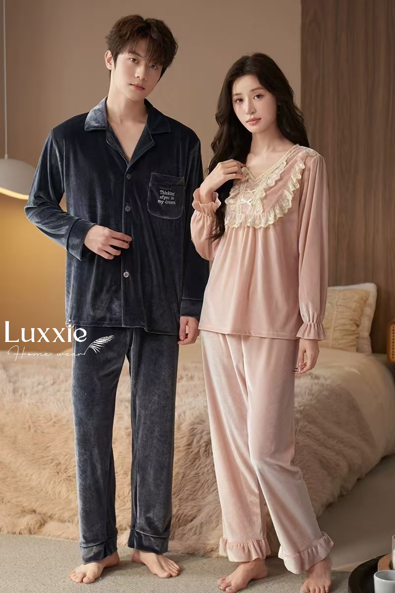 NHUNG34 Bộ ngủ nhung cổ ren trắng đính nơ_thumbnail_6