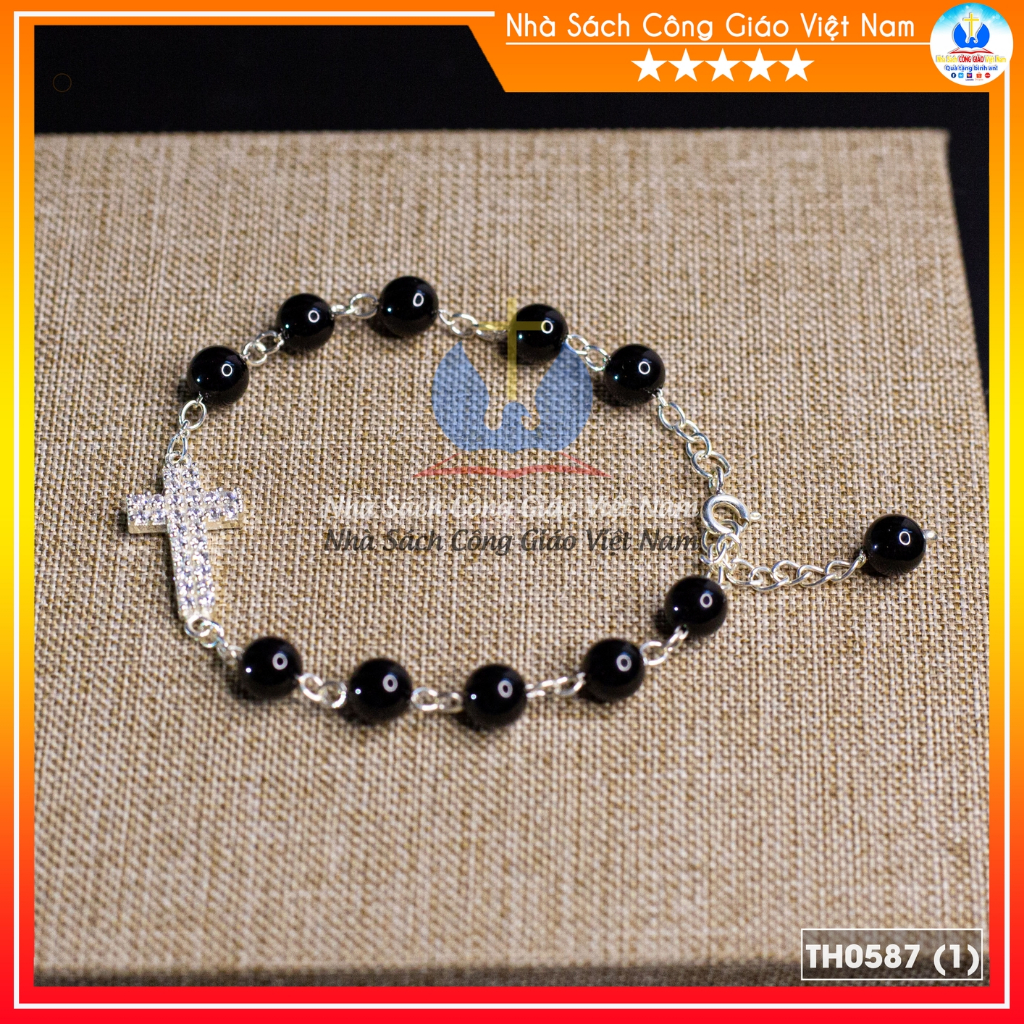 Lắc Mân Côi Đá đen tự nhiên mix dây bạc Thánh Giá bạc - Quà tặng Công Giáo,  Sinh nhật, Lễ quan thầy TH0587_thumbnail_0