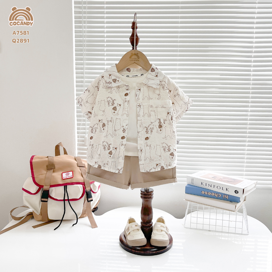 Áo cộc sơ mi TRẮNG phối hình mèo_thumbnail_2