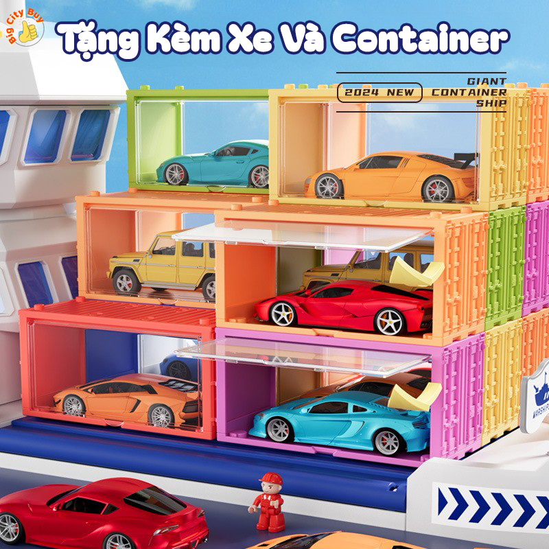 Tàu Thuỷ Container Khổng Lồ Tặng Kèm 12 Xe Nhỏ, 6 Container Chở Hàng Siêu Đỉnh Cho Bé_thumbnail_2