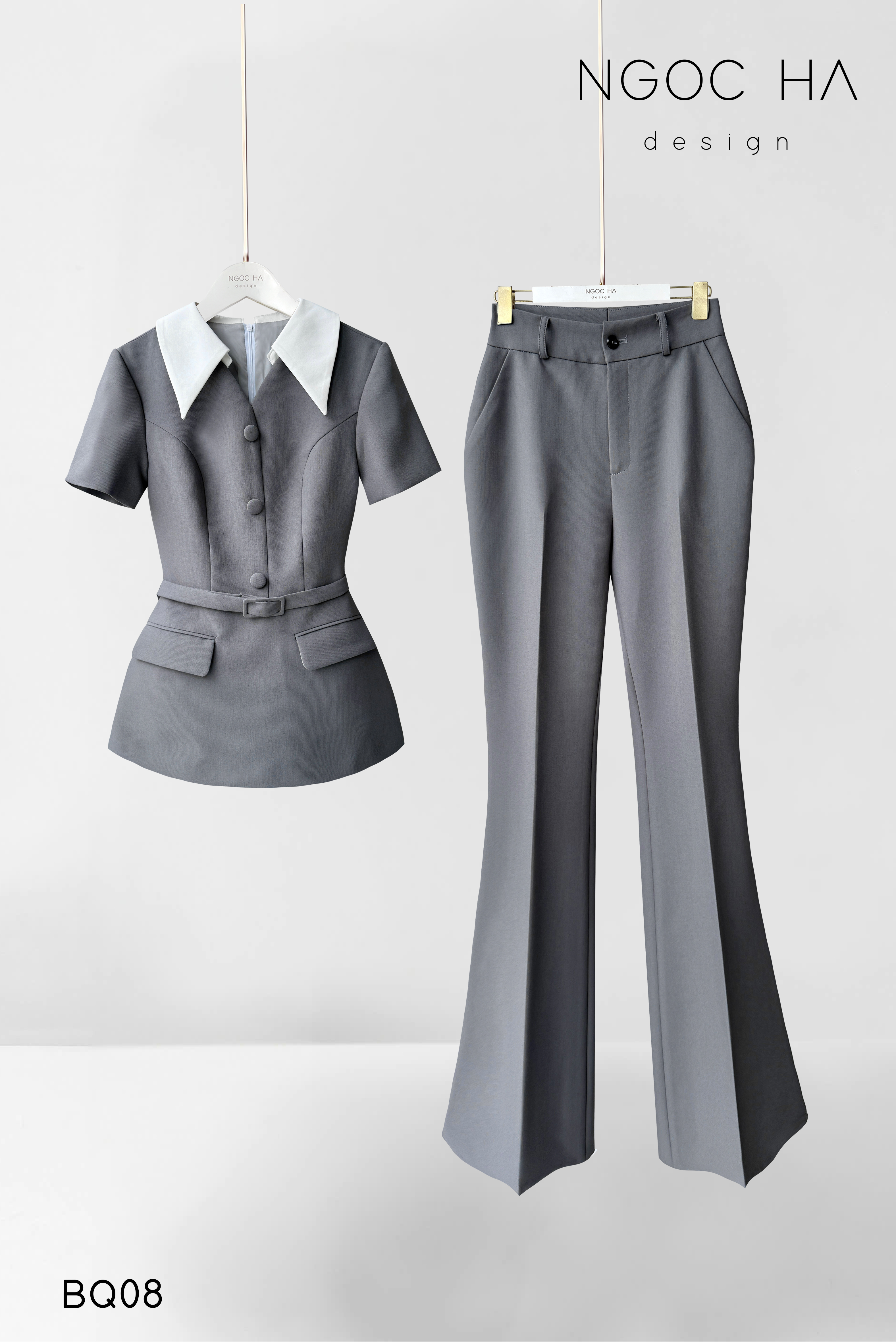 Darling Set_ Bộ Cộc Tay Mix Cổ Trắng Quần Loe Màu Ghi BQ08_thumbnail_5