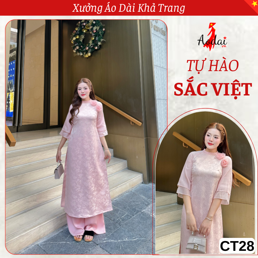 CT28 Áo Dài Cách Tân Suông màu Hồng Phấn Cổ Xếp Li Tay Lỡ Mặc Tết