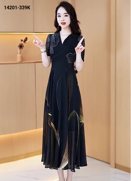 14201-Đầm voan cổ V tay ngắn in họa tiết lập thể ( voan, lót thun)_thumbnail_1
