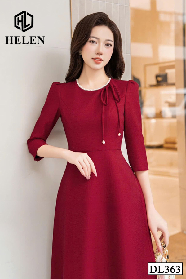 Đầm xòe đỏ cổ nhún nơ DL363_thumbnail_3