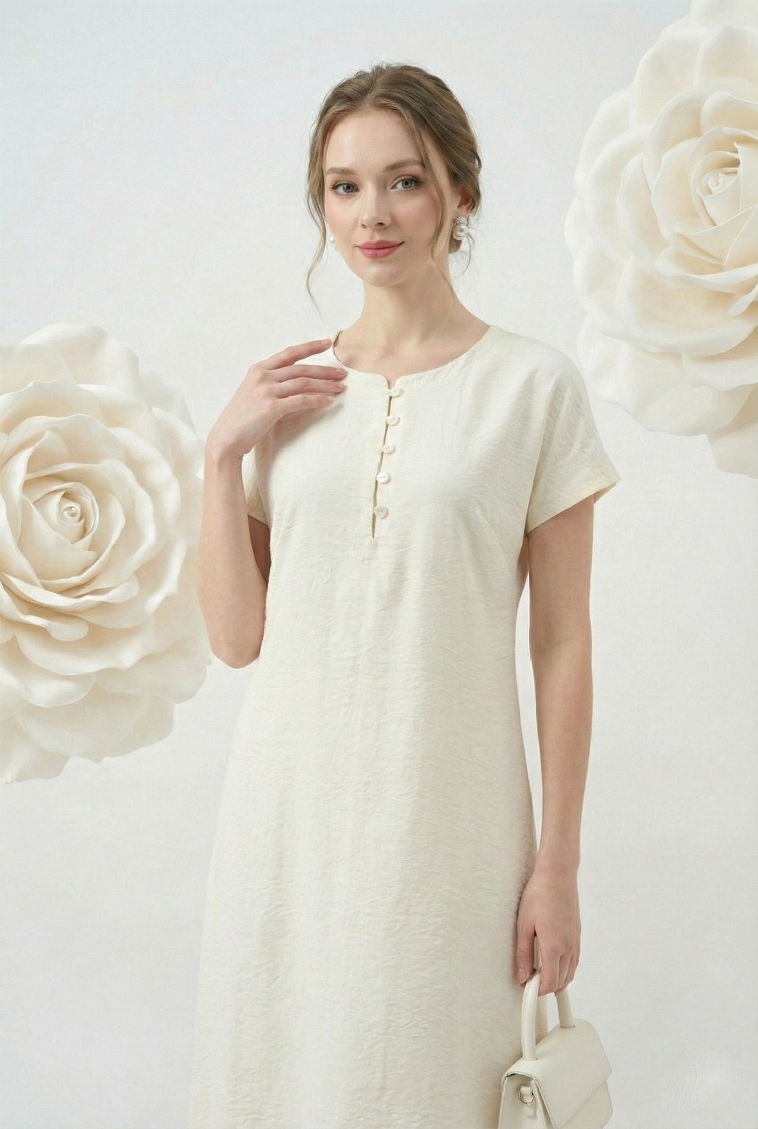 Đầm vải pha linen trắng kem dáng suông A cổ tàu cách điệu tay ngắn thiết kế MAZANO_thumbnail_5