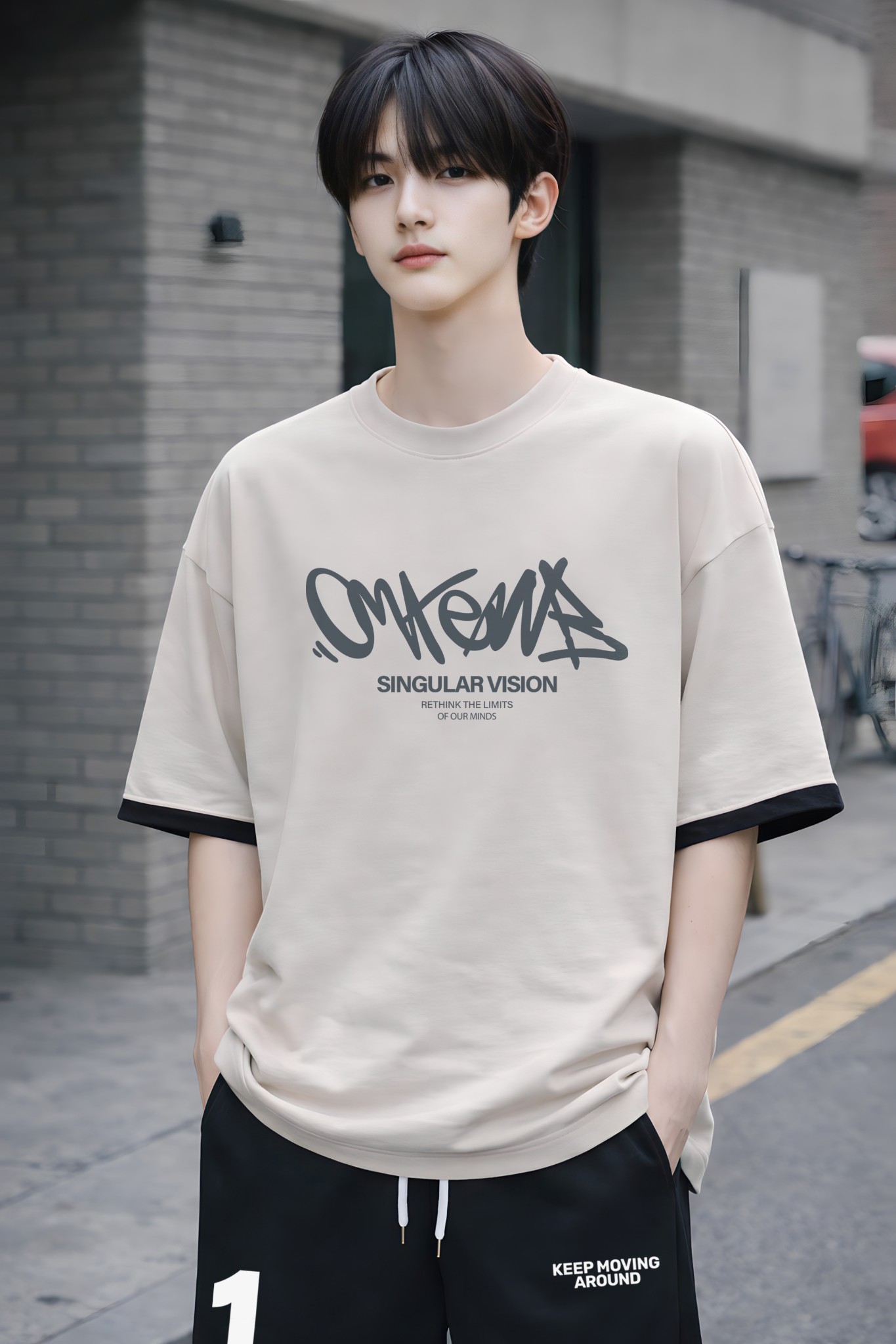 Áo phông bé trai dáng rộng màu be phối tay đen