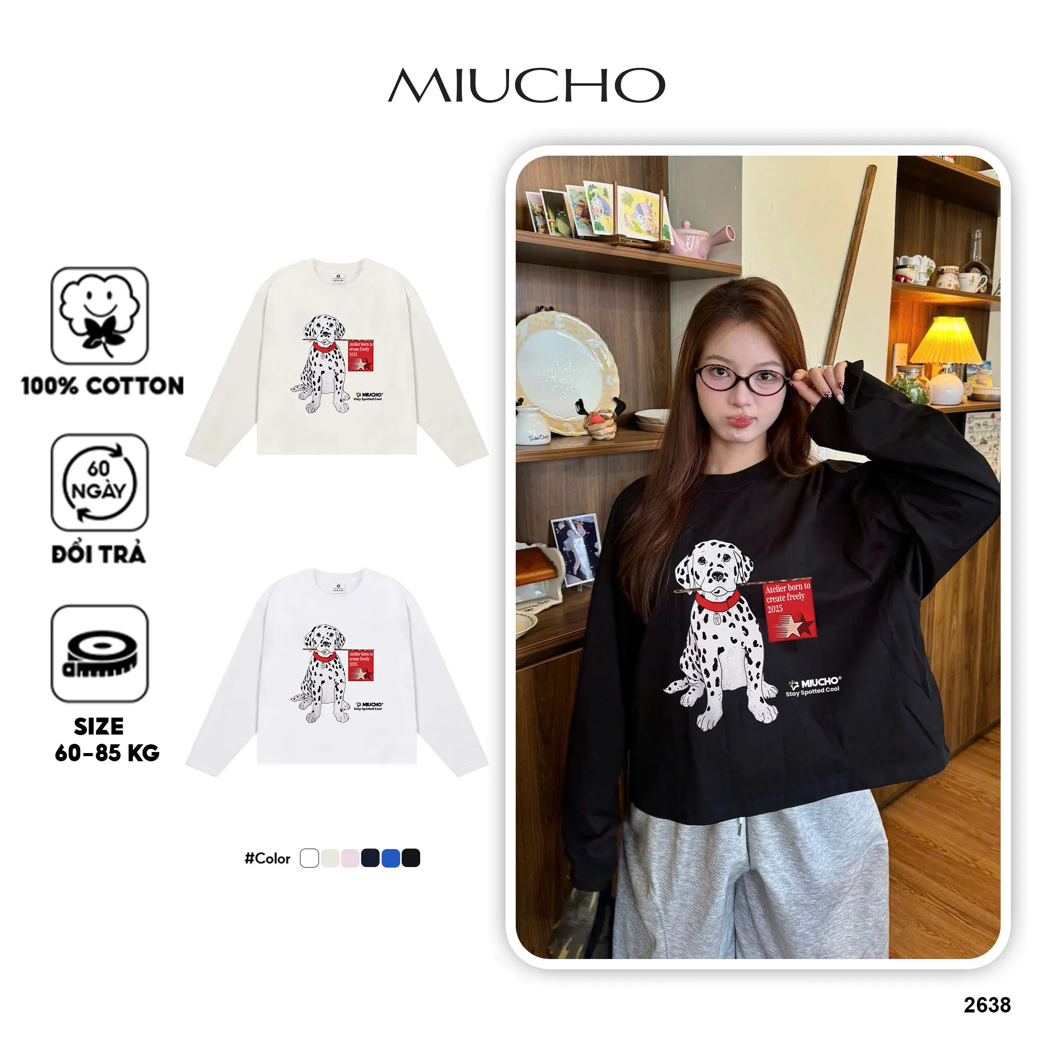 Áo thun boxy tay dài họa tiết hoạt hình 2638 Miucho vải cotton thoáng mát cổ tròn đứng form