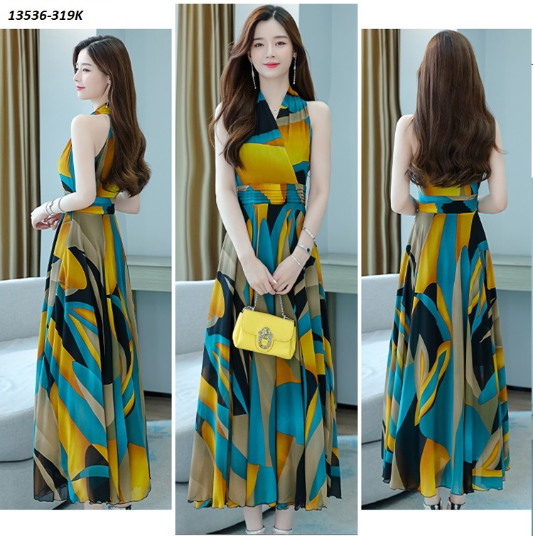 13536-Đầm maxi sát nách cổ  đắp chéo in họa tiết  sắc màu(voan; khóa hông )_thumbnail_0