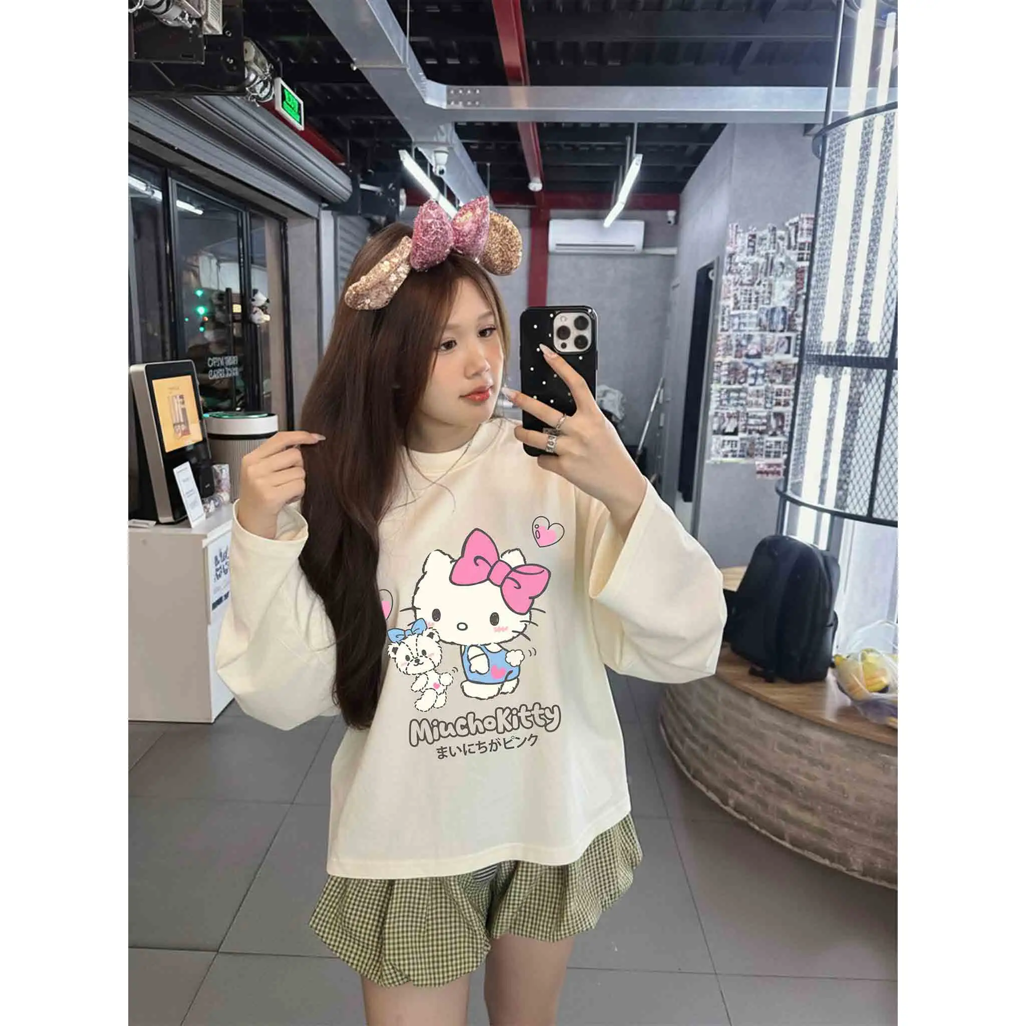 Áo thun nữ form boxy Miucho vải cotton thoáng mát thấm hút tốt tay dài cổ tròn Kitty dễ thương 2802_thumbnail_8