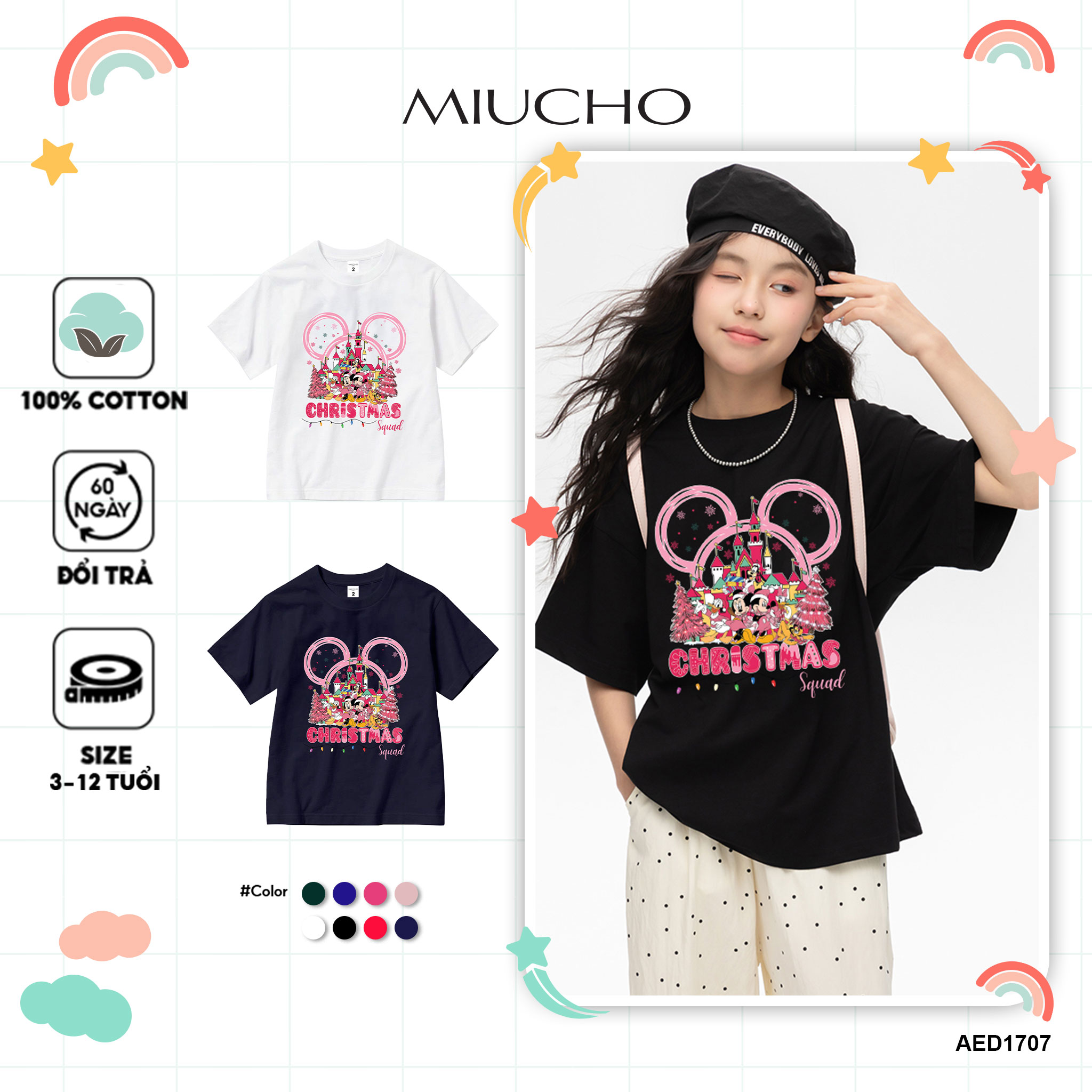 Áo thun bé gái giáng sinh noel from rộng chất vải cotton thoáng mát AED1707 Miucho Kid in artwork