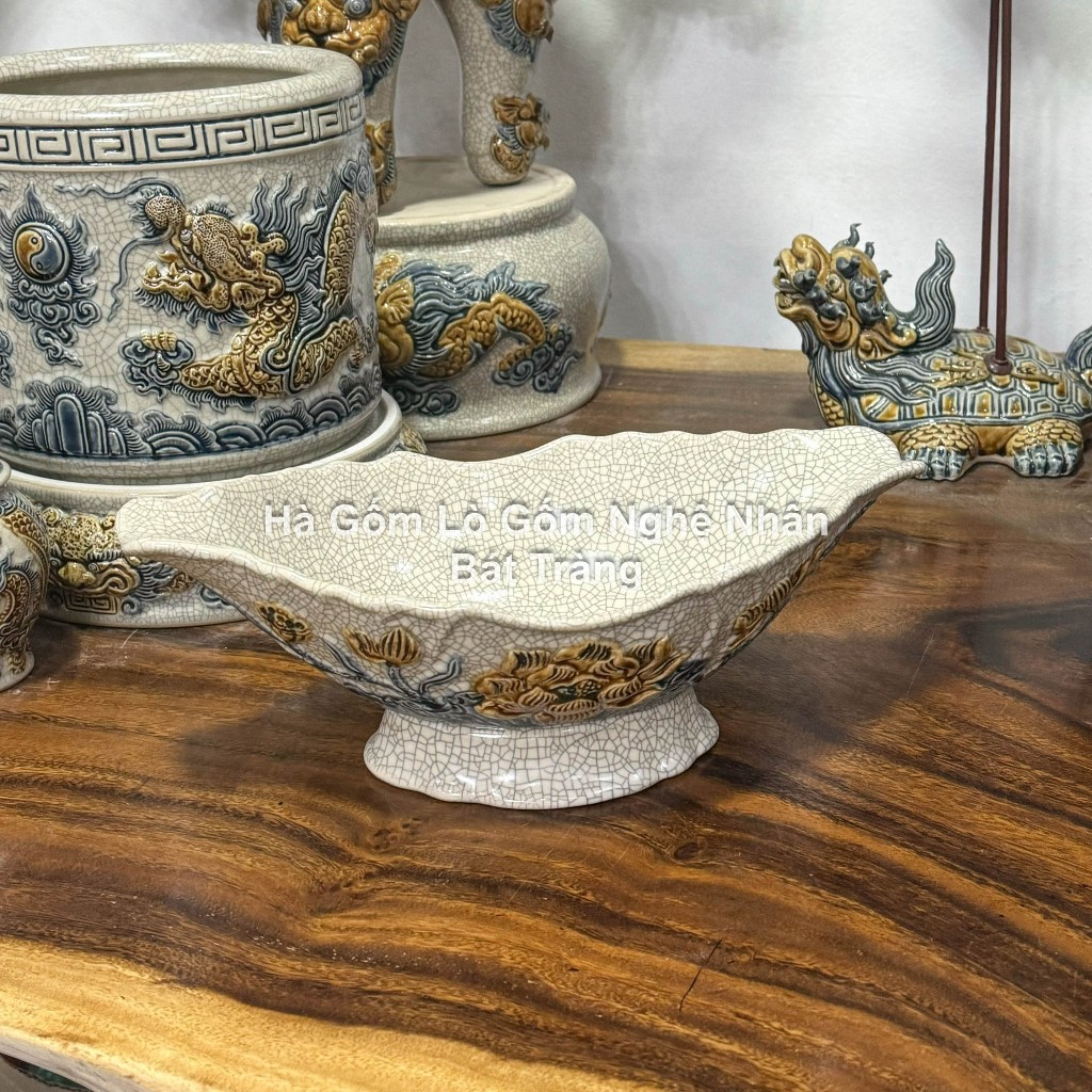 Đồ Thờ Cúng Bát Thuyền Gà Men Rạn Đắp Nổi Cao Cấp Bát Tràng_thumbnail_1