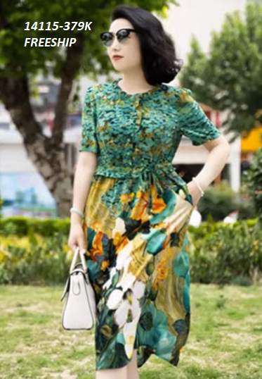 14115-Đầm xòe in hoa 3D viền nhún kết nút  cách điệu ( lụa 100 in 3D)FREESHIP_thumbnail_0