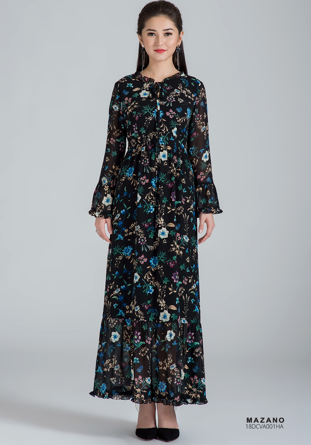 Váy họa tiết tay dài thắt nơ