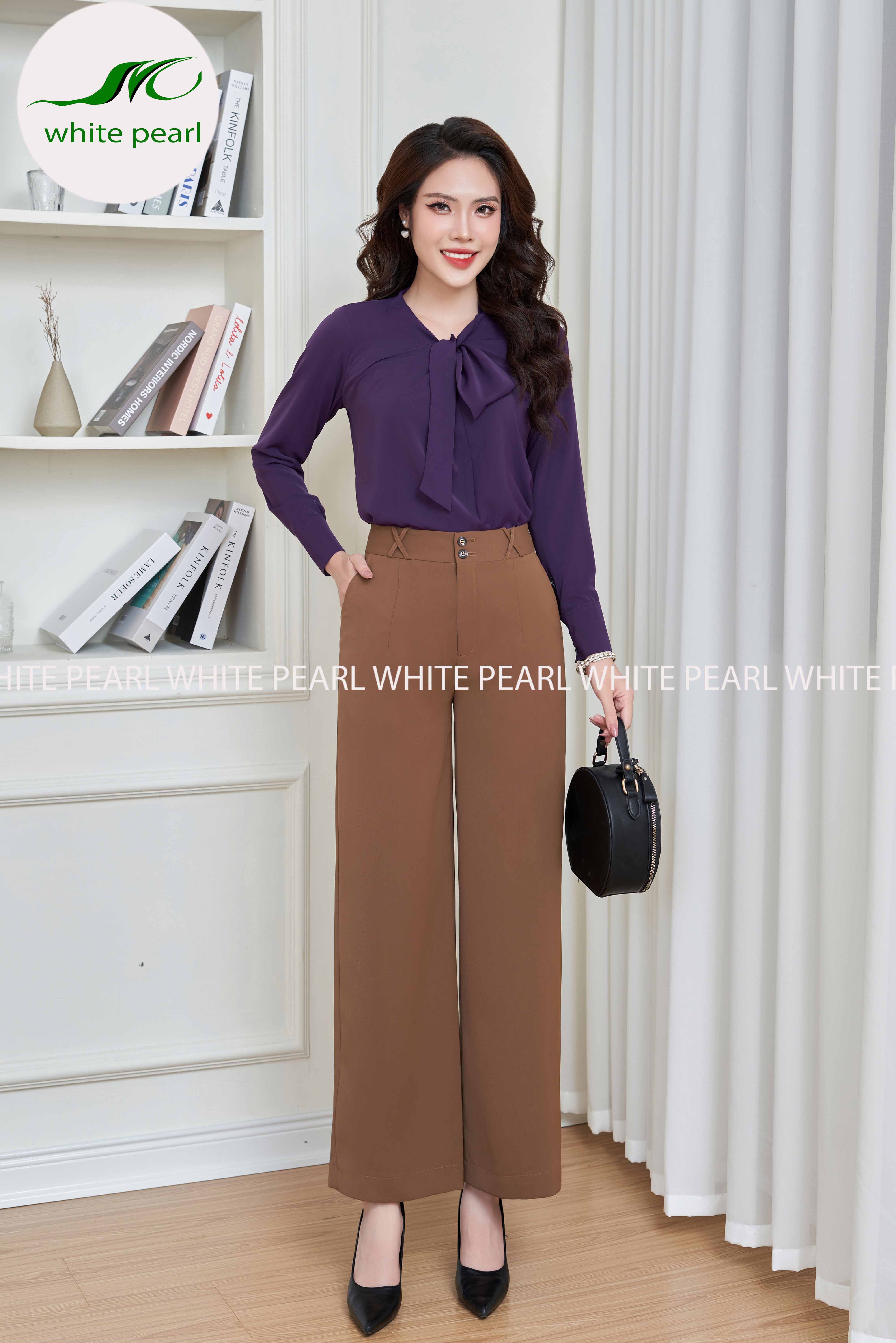 Quần suông đai X Màu Nâu thời trang công sở cao cấp White Pearl