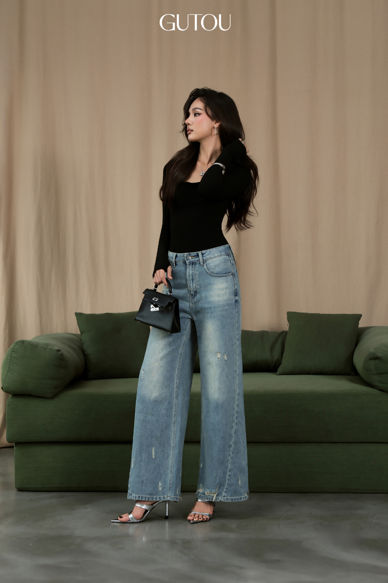 [ GUTOU ] Quần Jeans Suông Wash Xước Aerin Style_thumbnail_5