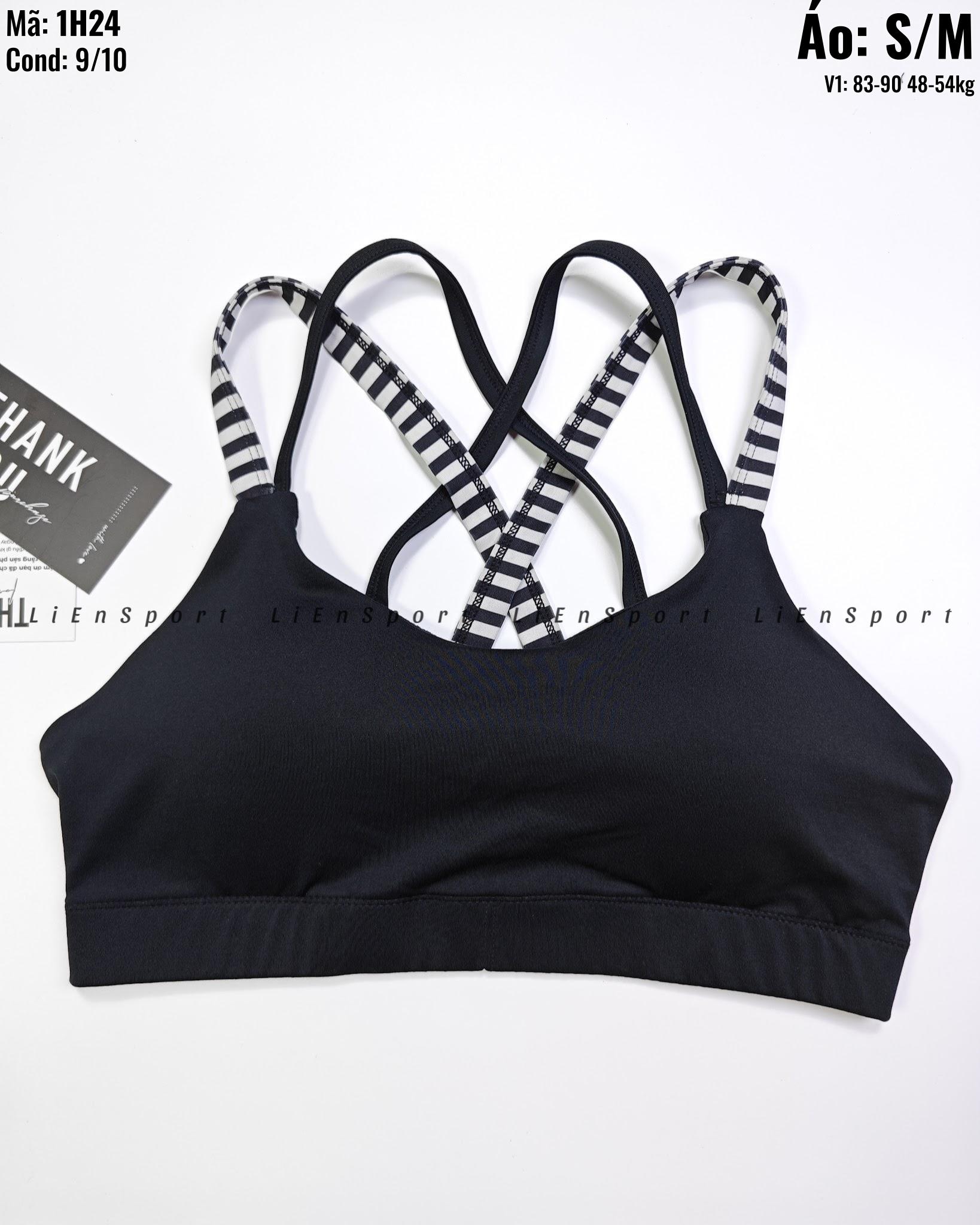 Champion Áo bra thể thao Nữ Size S M Đen Auth 2nd Dây vai chéo lưng phối sọc trắng đen Vải co giãn thấm hút mồ hôi Ôm sát nâng đỡ Phù hợp gym yoga chạy bộ Mã:1H24