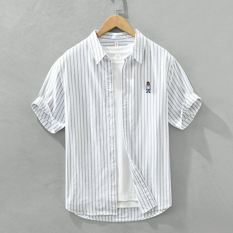 Áo Sơ Mi Nam Ngắn Tay Sọc Nhật Bản – Áo Sơ Mi Giản Dị Phong Cách Hồng Kông, Thêu Tươi Mát, Đa Năng, Thả Vận Chuyển