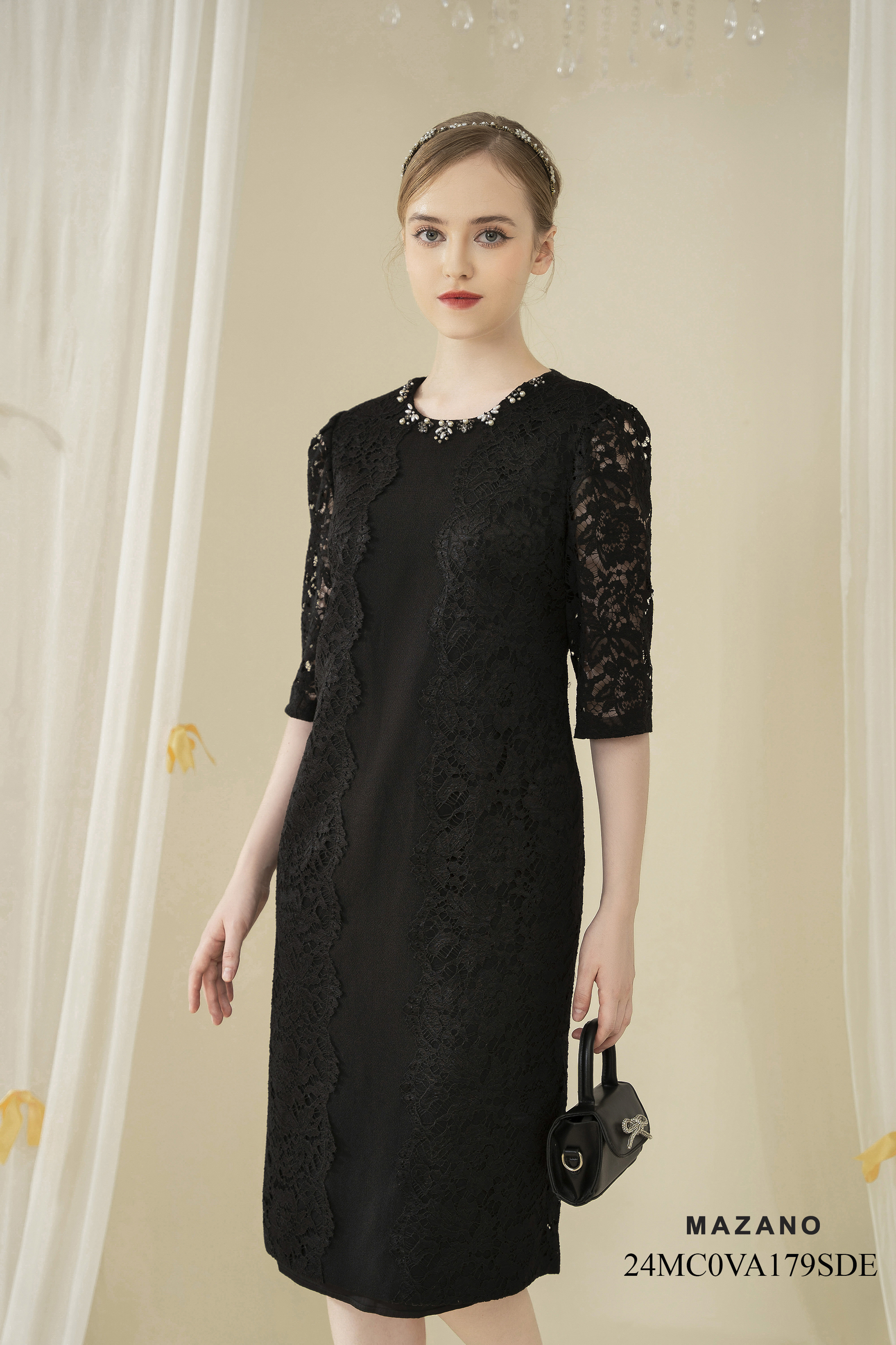 Váy Đầm suông Vải Thô phối Ren trang trí Cổ tròn đính đá Dài tới bắp chân_thumbnail_3