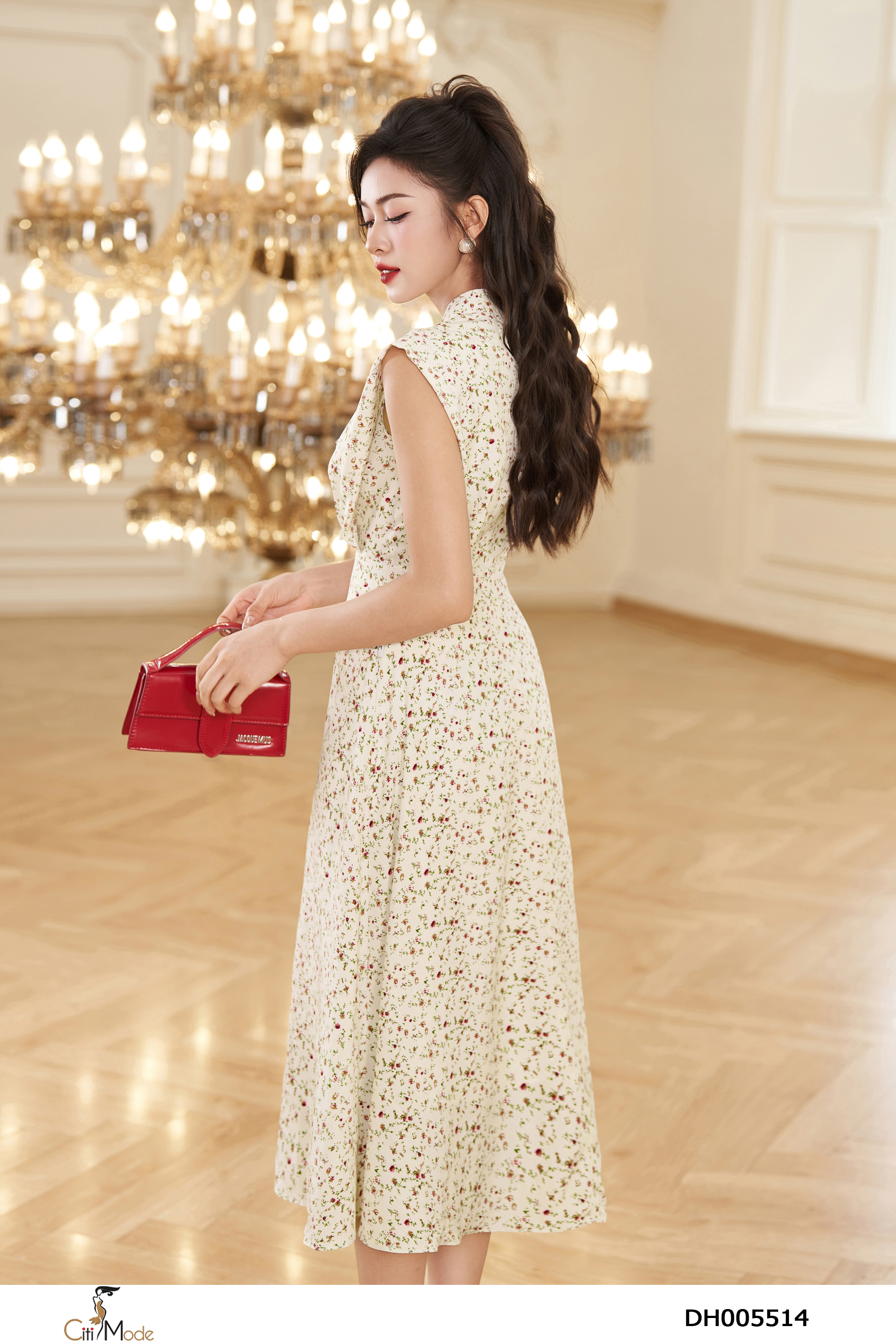 Đầm hoa nhí trắng nâu tay chờm cổ thắt nơ_thumbnail_2