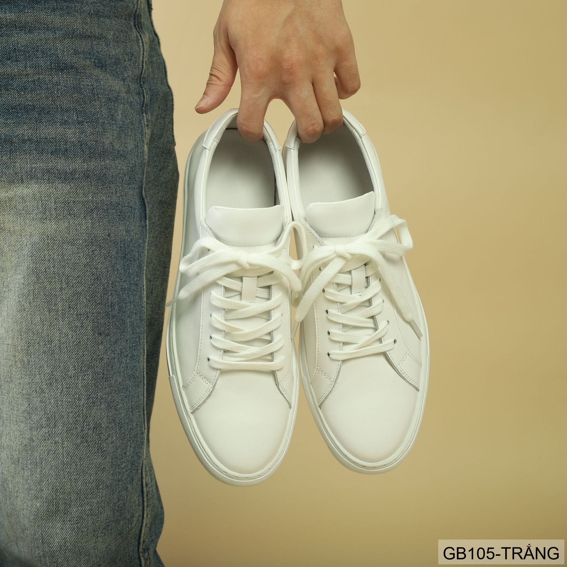 GB105 - Giày Sneaker Nam Da Bò Thiết Kế Đơn Giản, Đế Cao Su Bền, Màu Trắng Đen