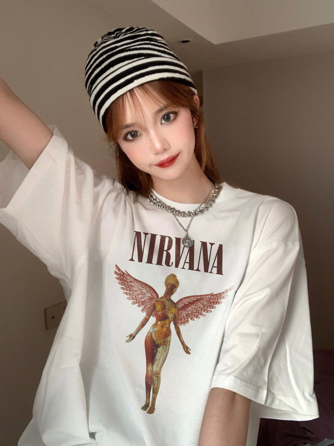 Áo thun nirvana form rộng đẹp tay lỡ oversize, áo thun nirvana form rộng tay lỡ hàn quốc cotton AT147 Miucho in logo_thumbnail_2