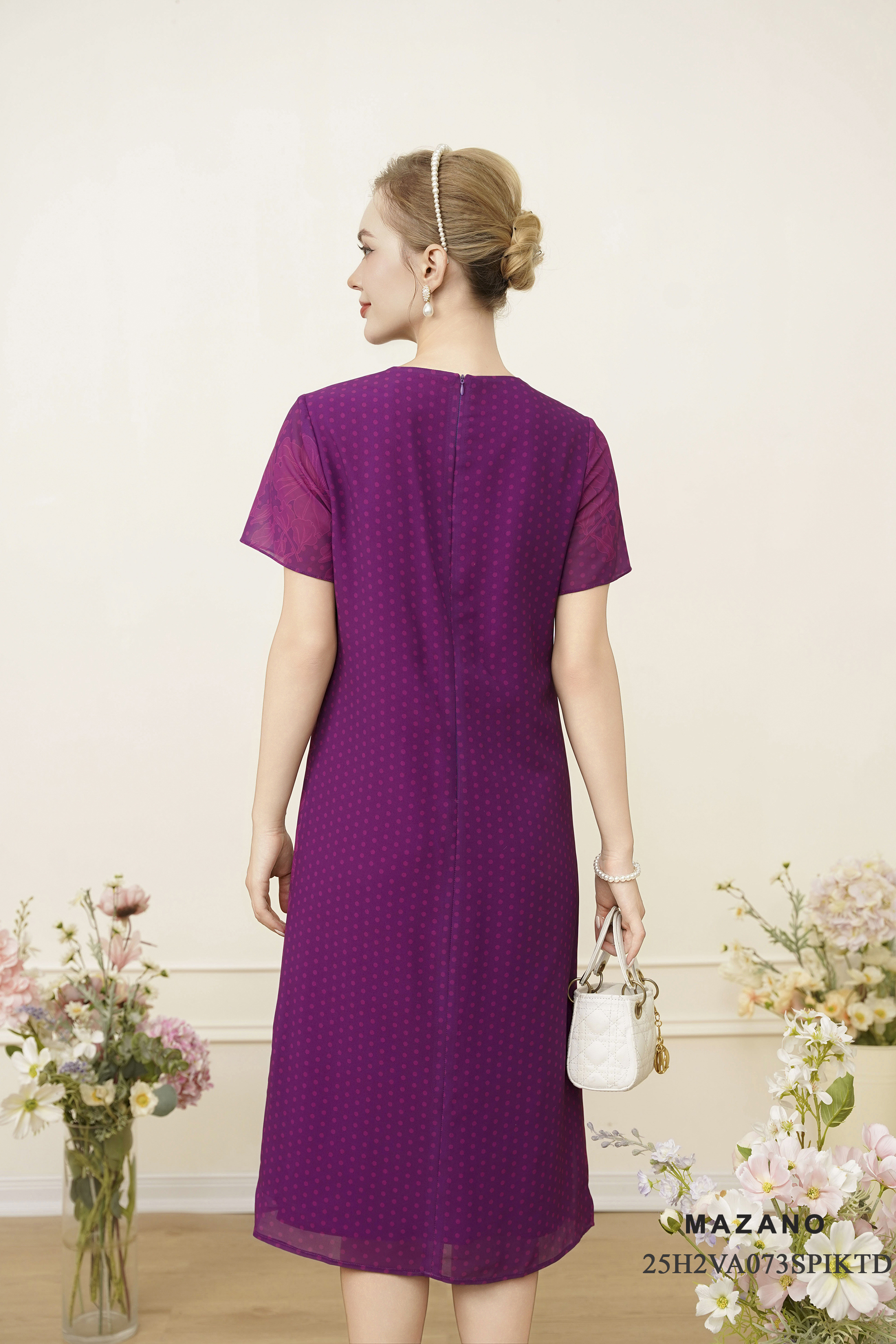 Váy Đầm suông A Vải voan Họa tiết đối xứng Cổ tròn Tay ngắn cộc váy qua gối_thumbnail_4