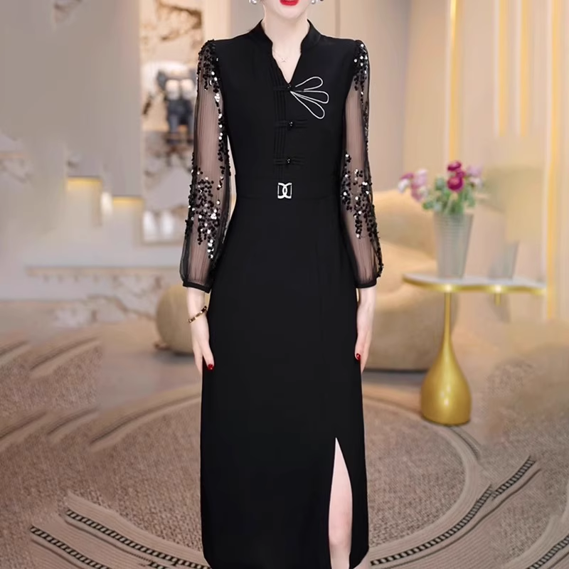 16553-Đầm suông đen phối tay lưới kim sa xẻ tà cách điệu ( thun nhật, thun lưới)_thumbnail_0