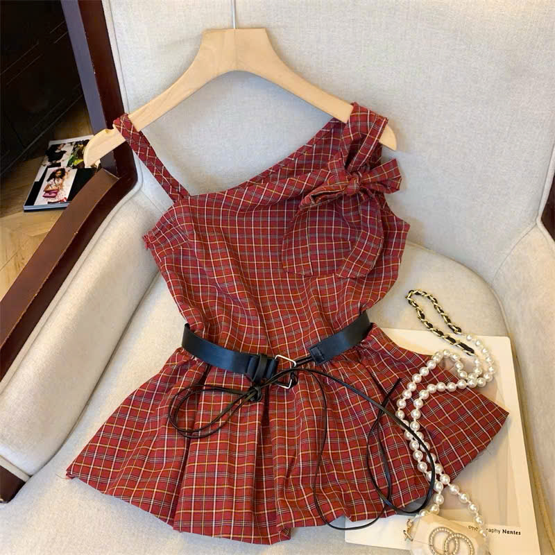 [ GUTOU ] Áo Lệch Vai Caro Thắt Nơ + belt