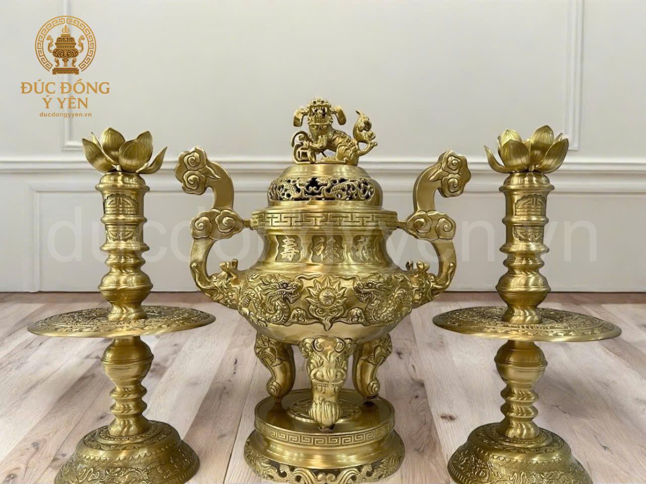 Bộ đỉnh thờ tam sự rồng đúc đồng vàng thau 