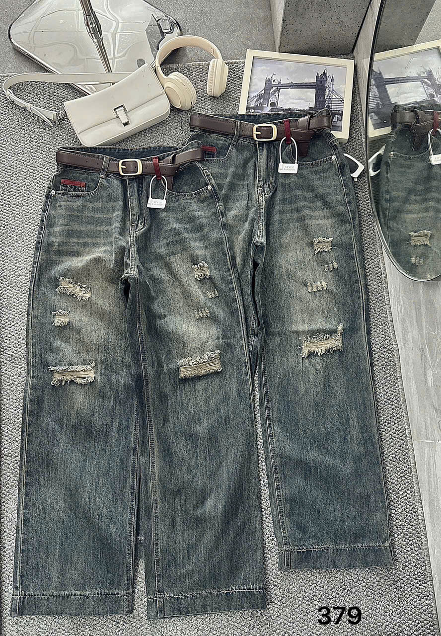 Quần jean suông rách đai kiểu bigsize QJ379 dành cho nàng béo mập từ 55-90kg