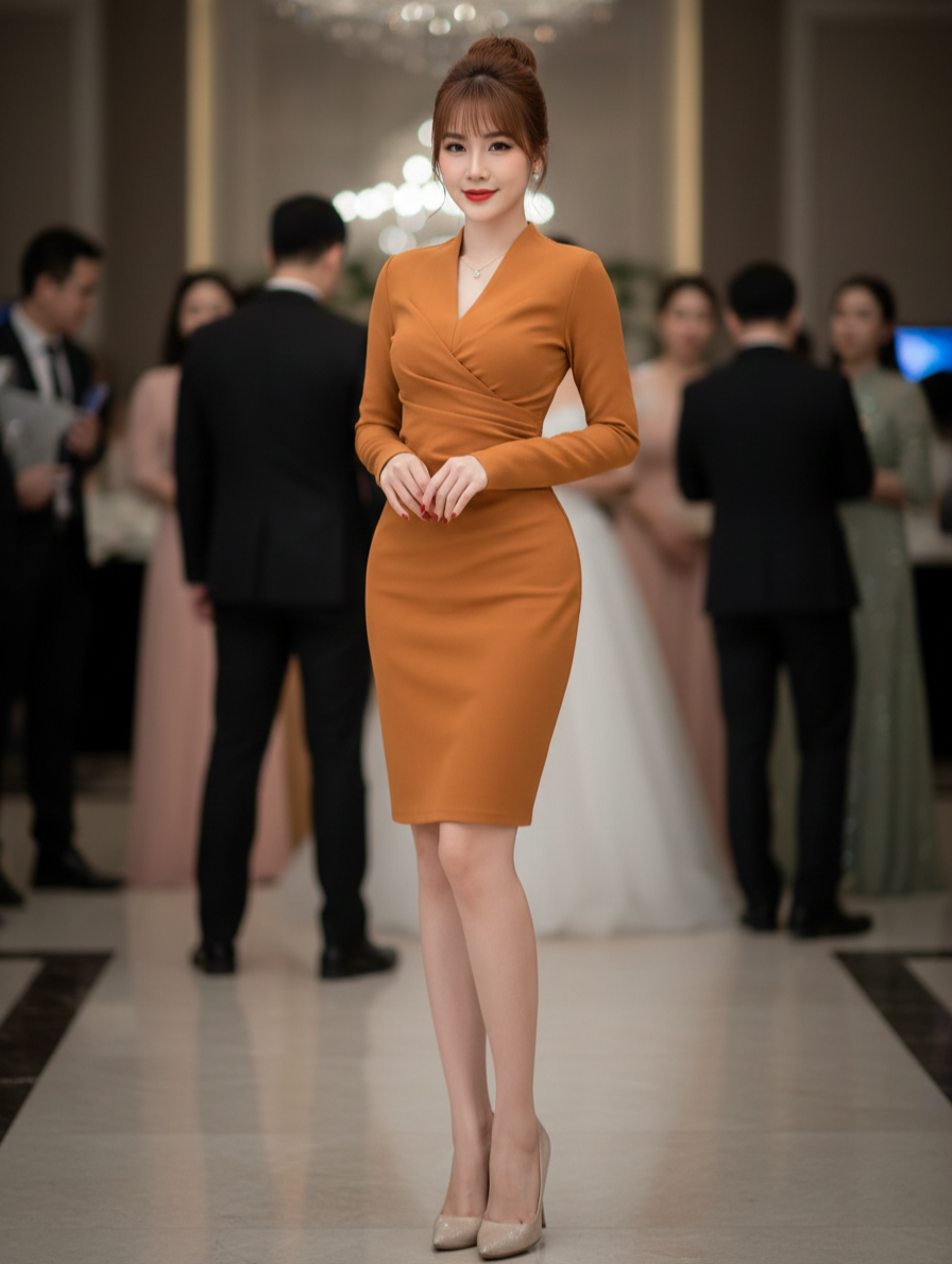 Đầm body xếp ly cổ V tay dài_thumbnail_3