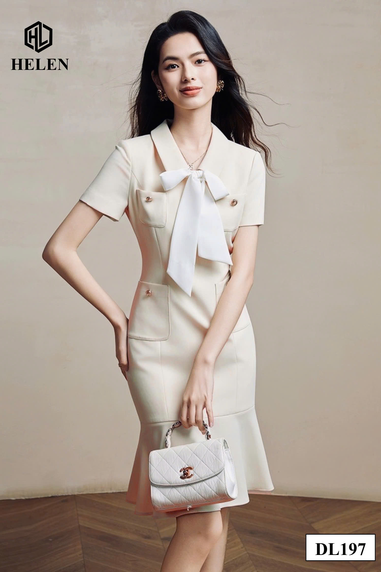 Đầm ôm màu be đuôi cá cổ đính nơ DL197