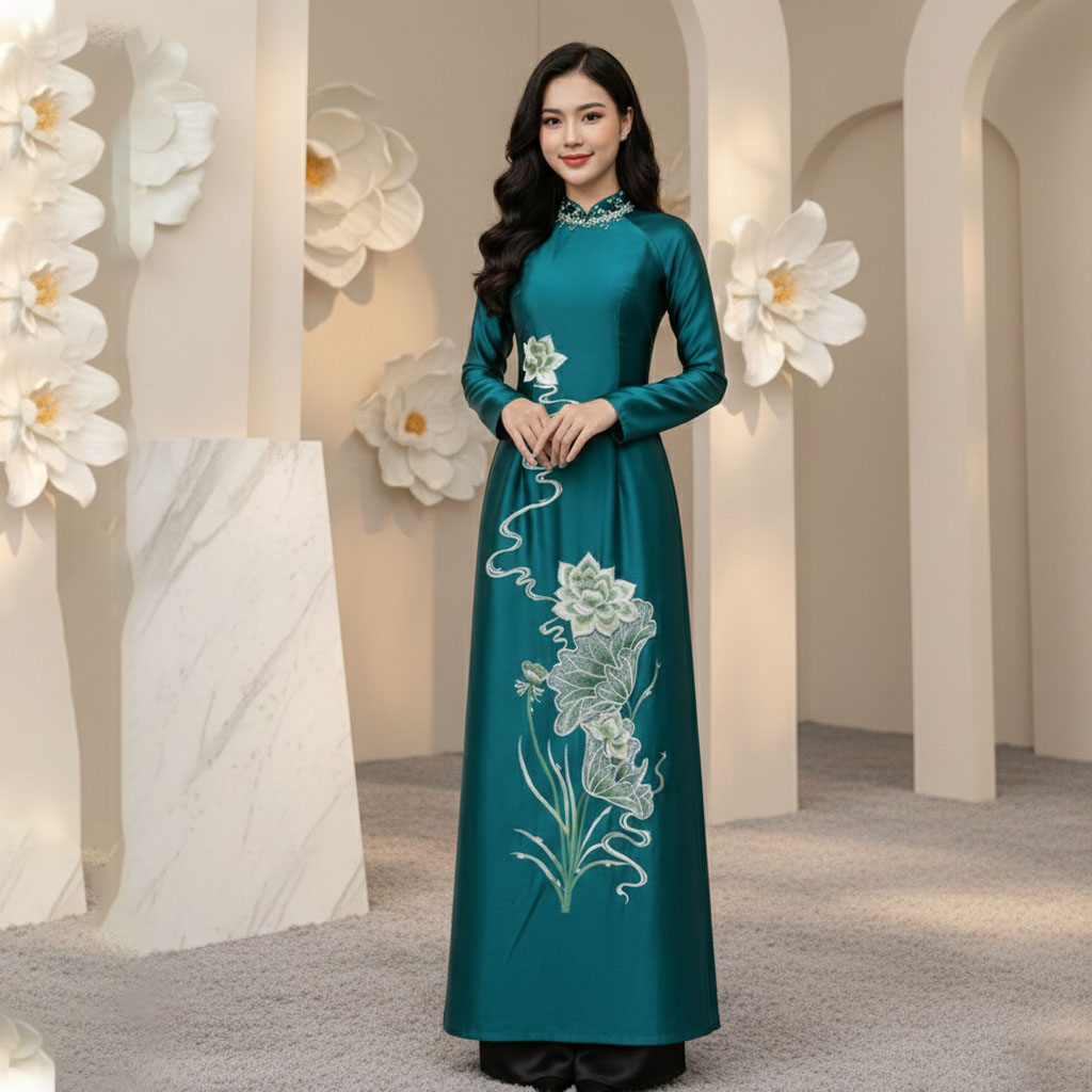 Áo Dài Mẹ Cô Dâu Chú Rể Xanh Ngọc Thêu Hoa Sen – Chất Liệu Ruby Cao Cấp AM25-05