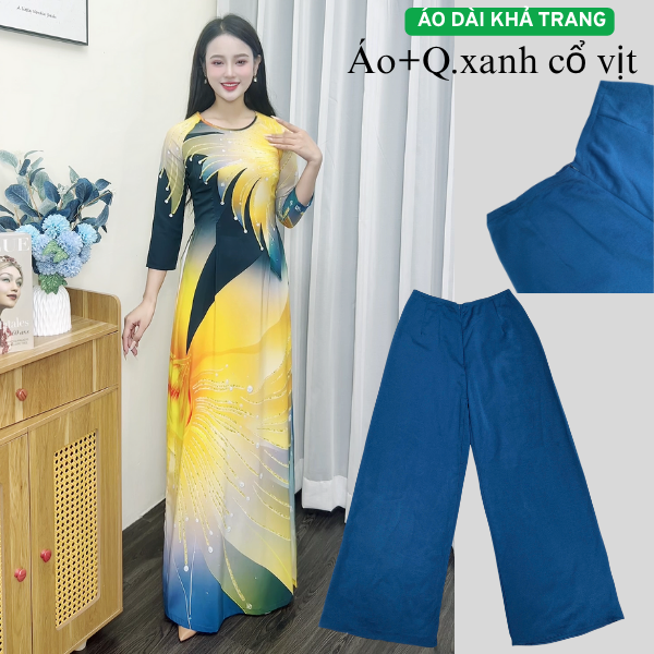 Bộ A18 Áo Dài in 3D Bông Lúa Vàng Cổ Tròn Tay Lỡ