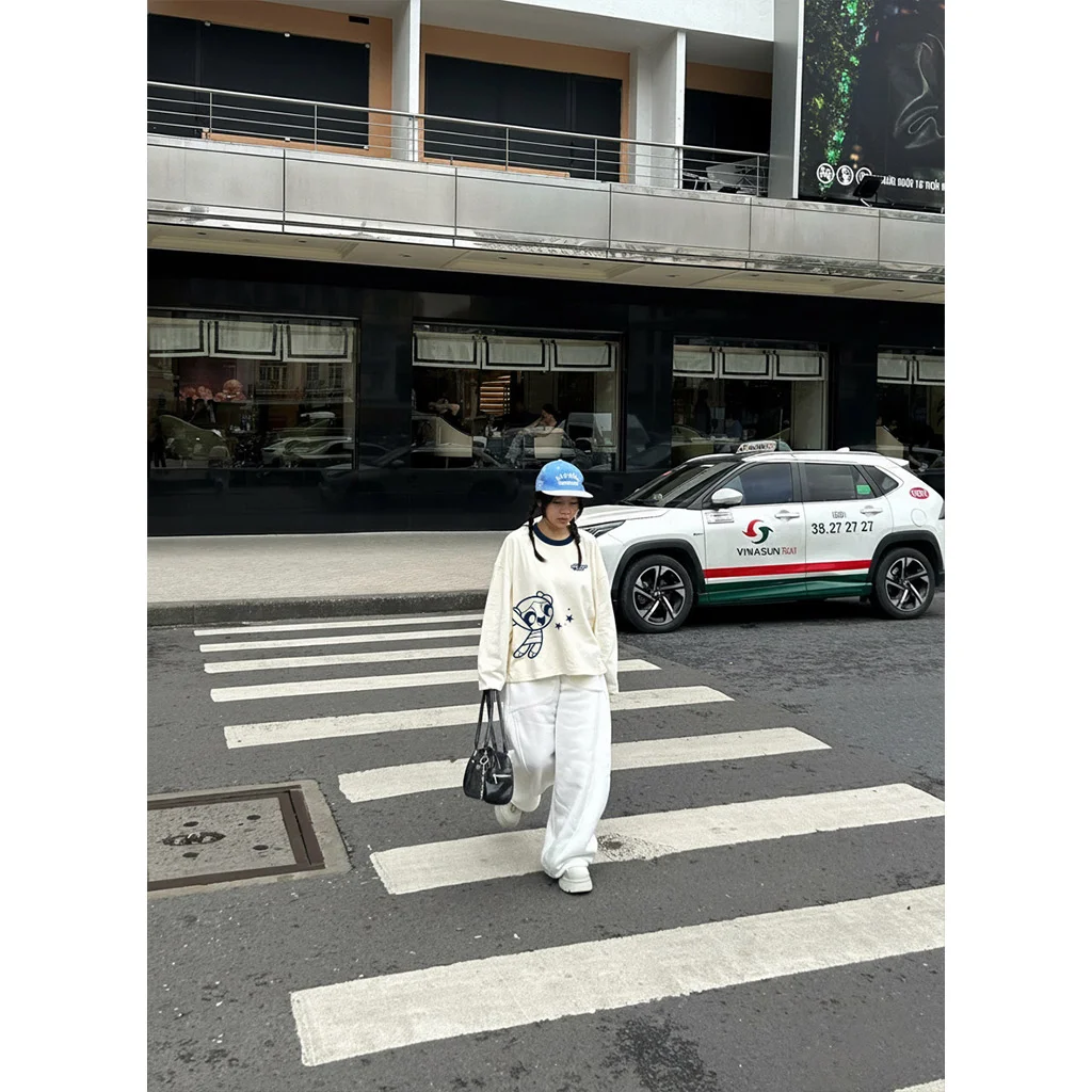 Áo thun boxy tay dài Miucho chất vải thoáng mát giữ form Powerpuff Girl phối cổ mix màu xanh đen 2815_thumbnail_5