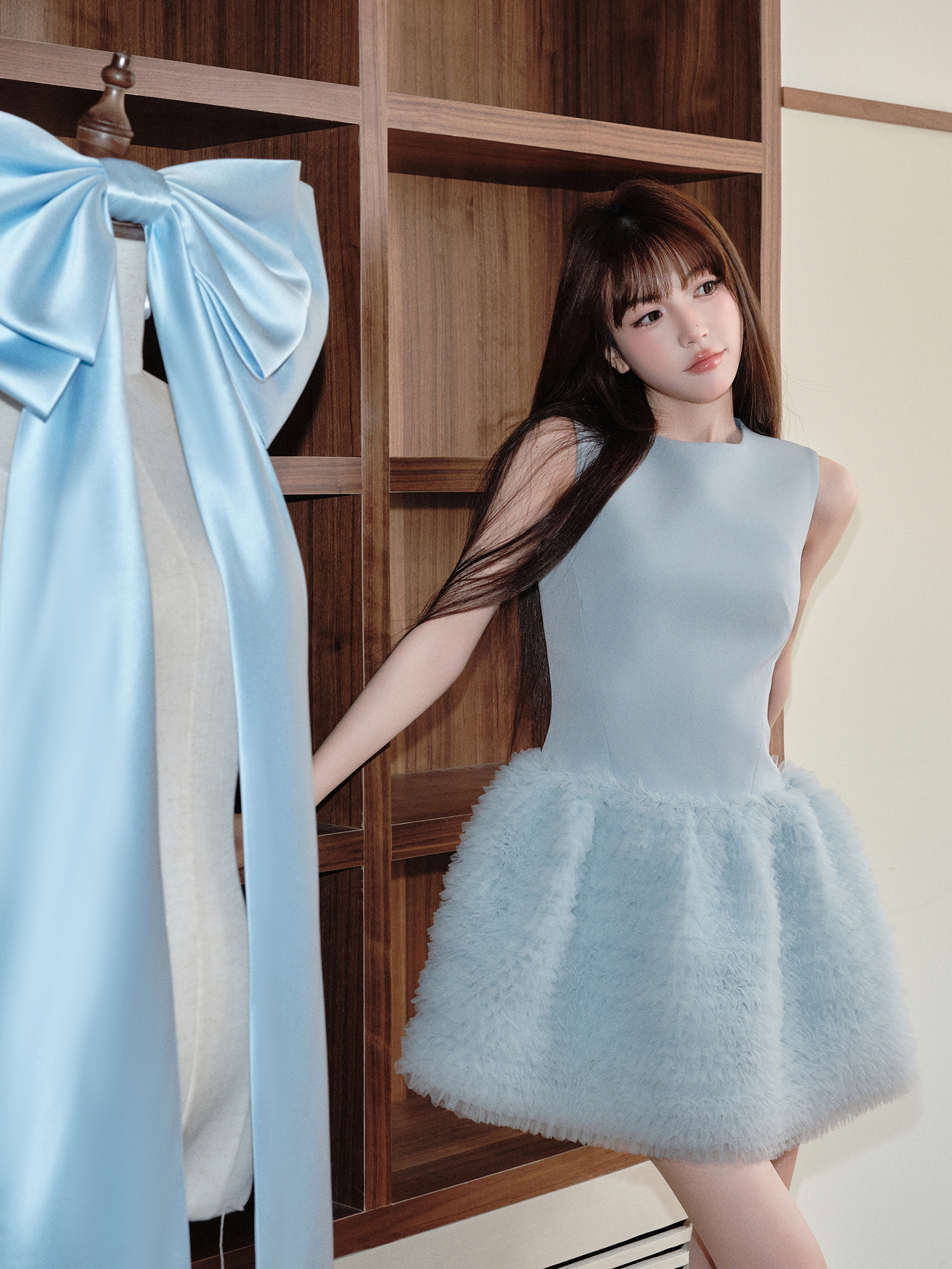 Váy lưới tutu ngắn sinh nhật xếp tầng màu xanh Avenement