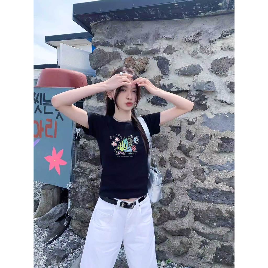 Áo thun baby tee form ôm xinh xắn mùa hè ABD1023 Miucho tay ngắn Cổ tròn hotrend in mix_thumbnail_2