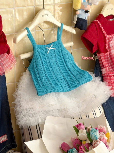 SU89 - Áo gile len mỏng màu xanh hãng Suyou