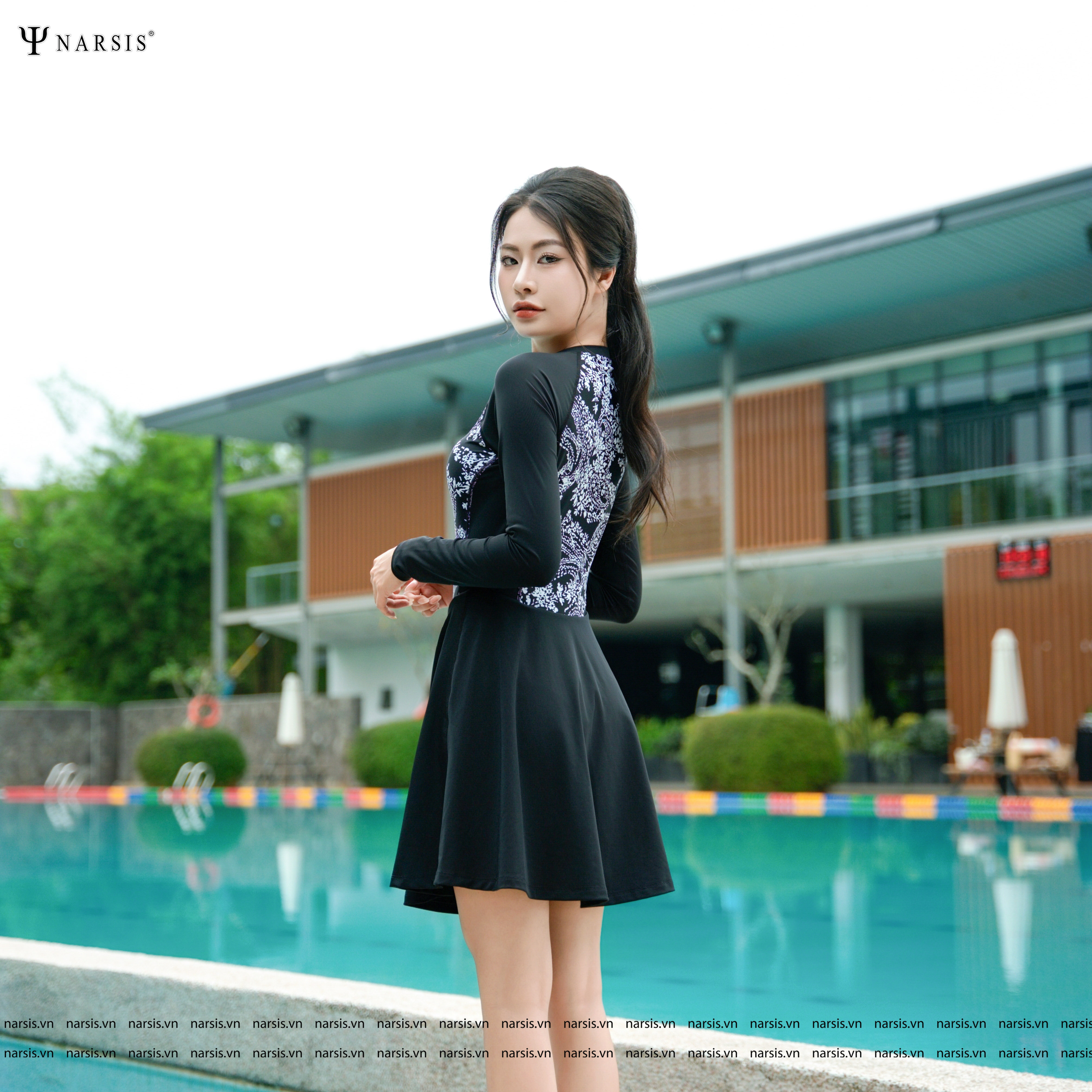 Váy Bơi Nữ Liền Thân Tay Dài Narsis Bộ Đồ Bơi Kín Đáo Có Khóa Kéo Trước Ngực Không Giữ Nước A25004_thumbnail_3