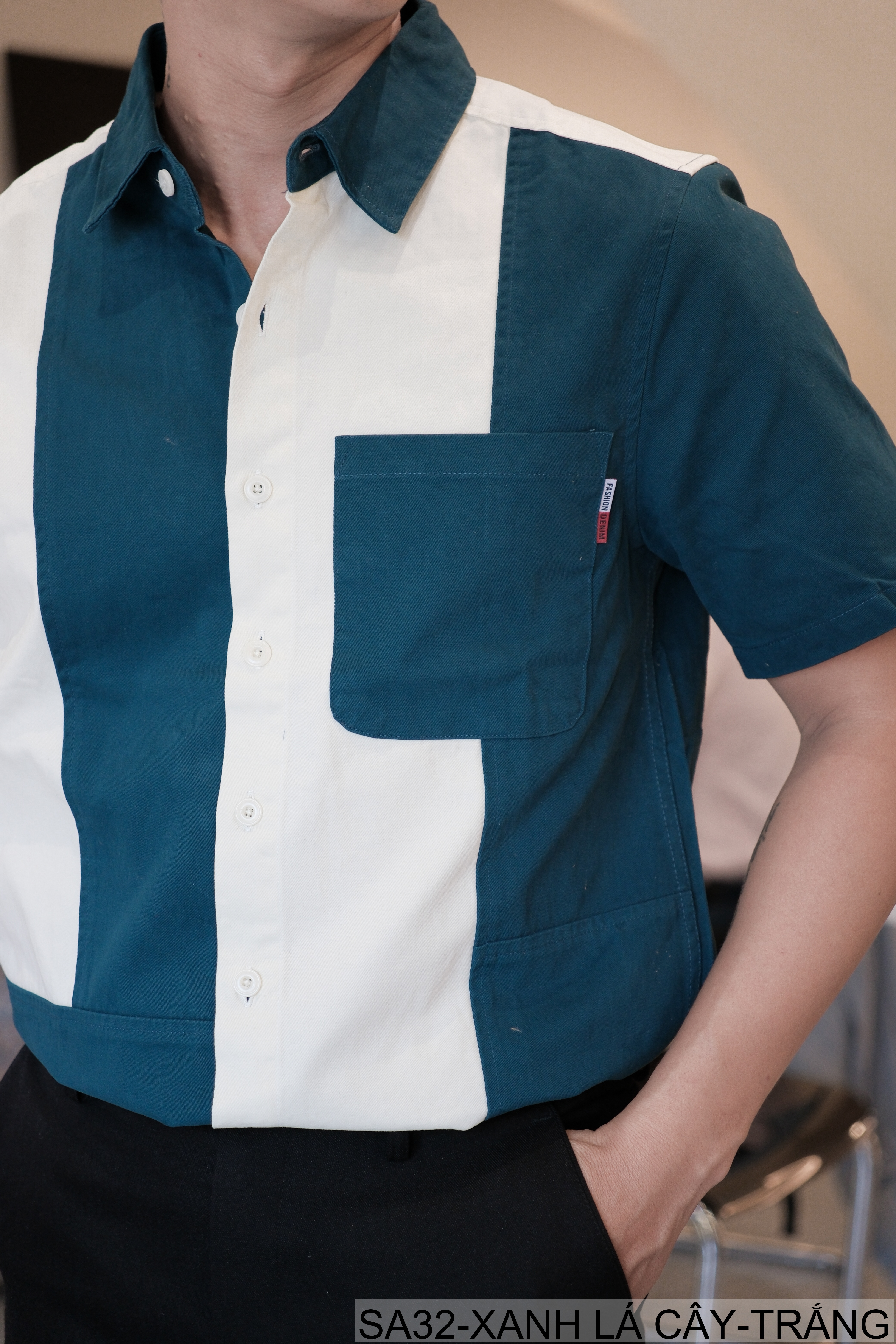 SA32 - Áo sơ mi nam phối màu tay ngắn phong cách Hàn Quốc, chất cotton 100%, dáng lỏng thoải mái_thumbnail_4